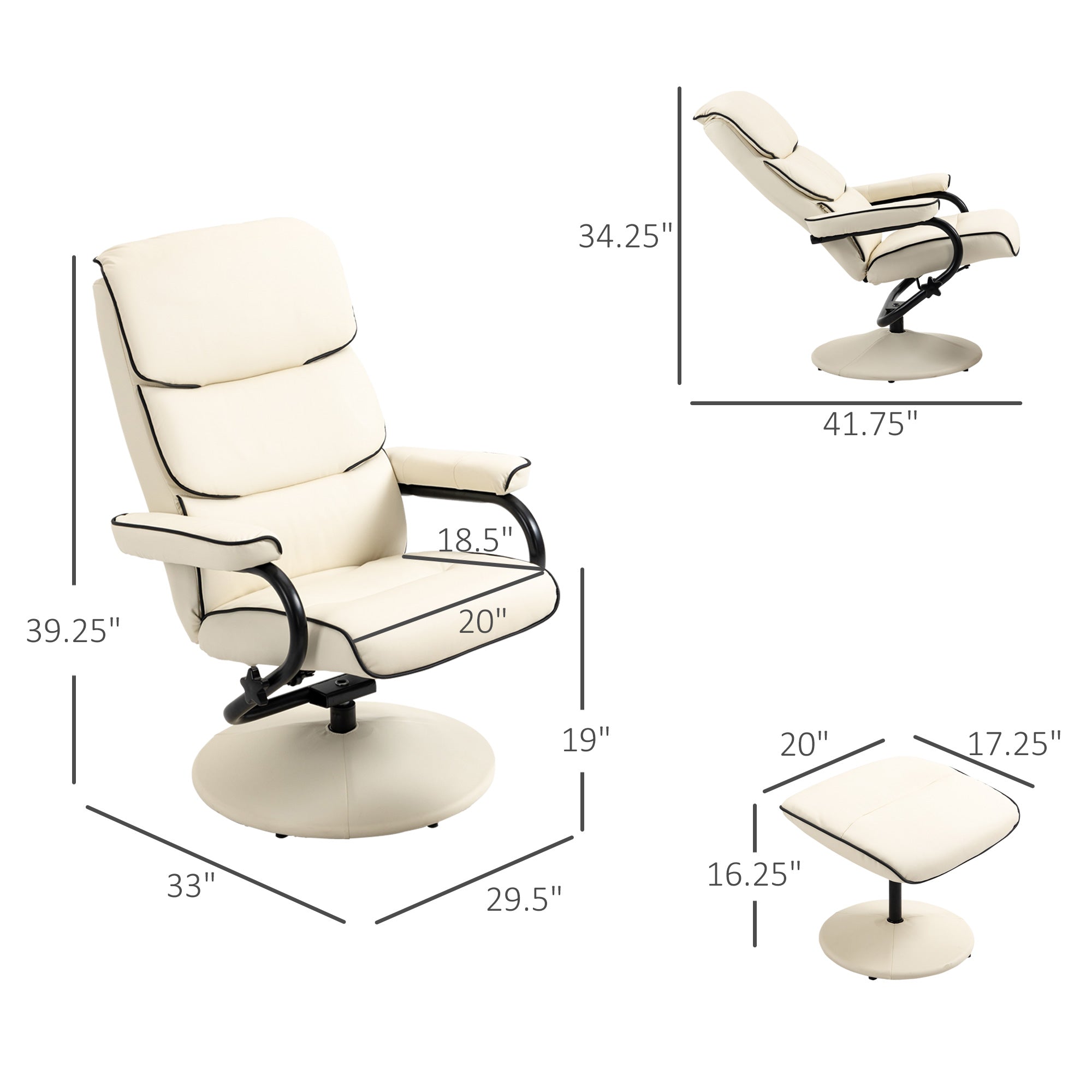 PU Leather High Back Recliner Armchair w/ Padded Ottoman Cream White