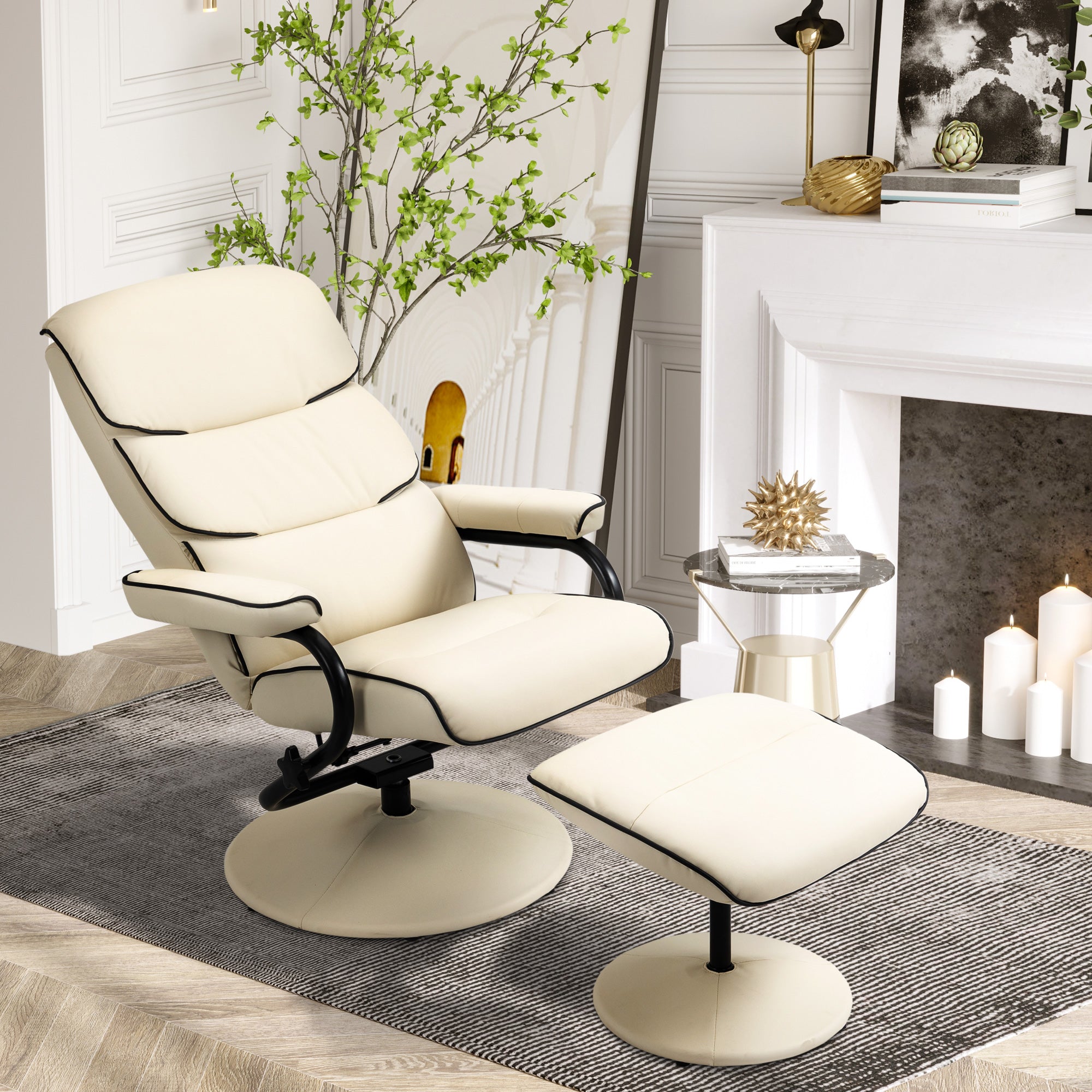 PU Leather High Back Recliner Armchair w/ Padded Ottoman Cream White