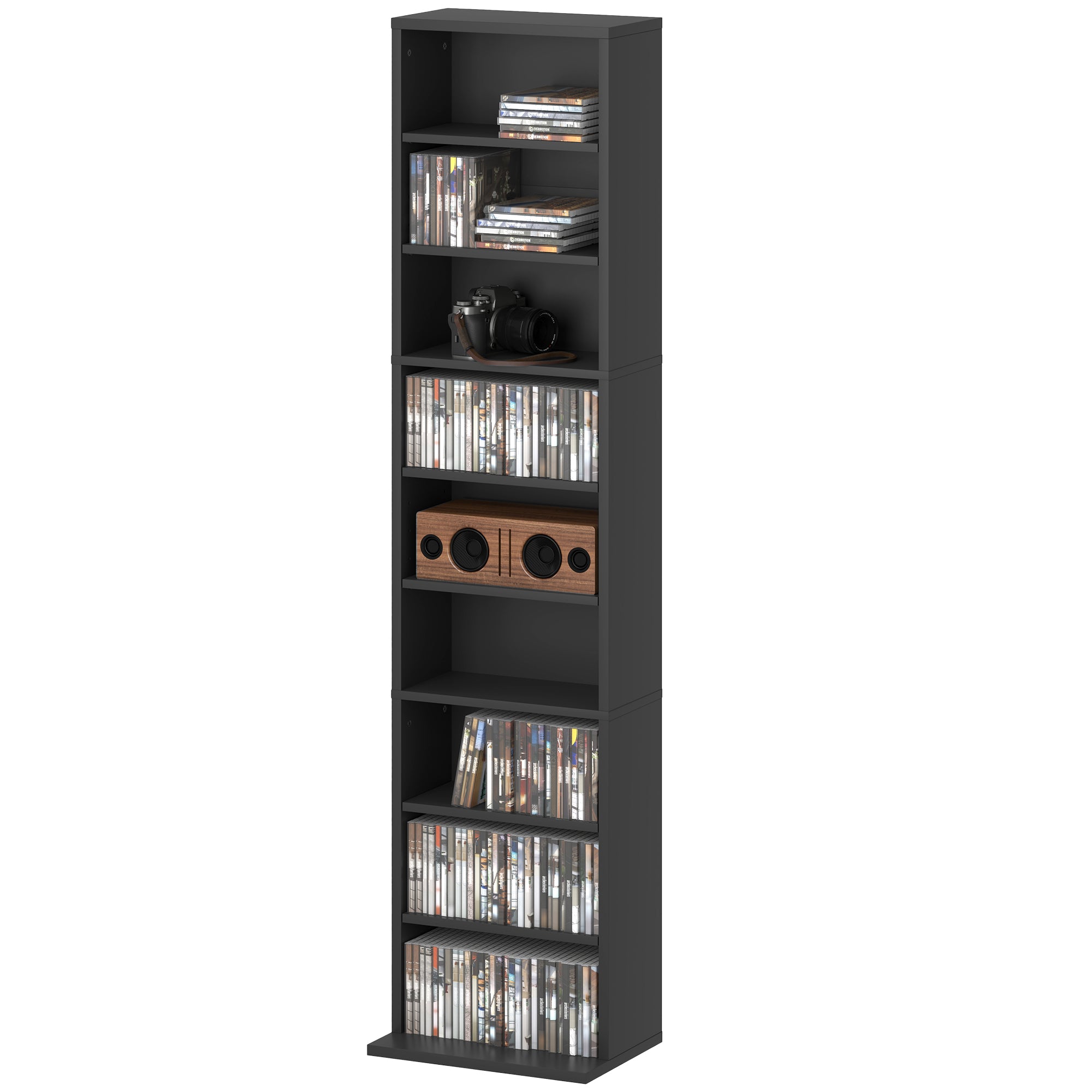 Media Storage Cabinet, 9-Tier Tall Narrow DVD Shelf with 6 Adjustable Shelves, Display Shelf, Holds 260 CDs, 120 DVDs, Black
