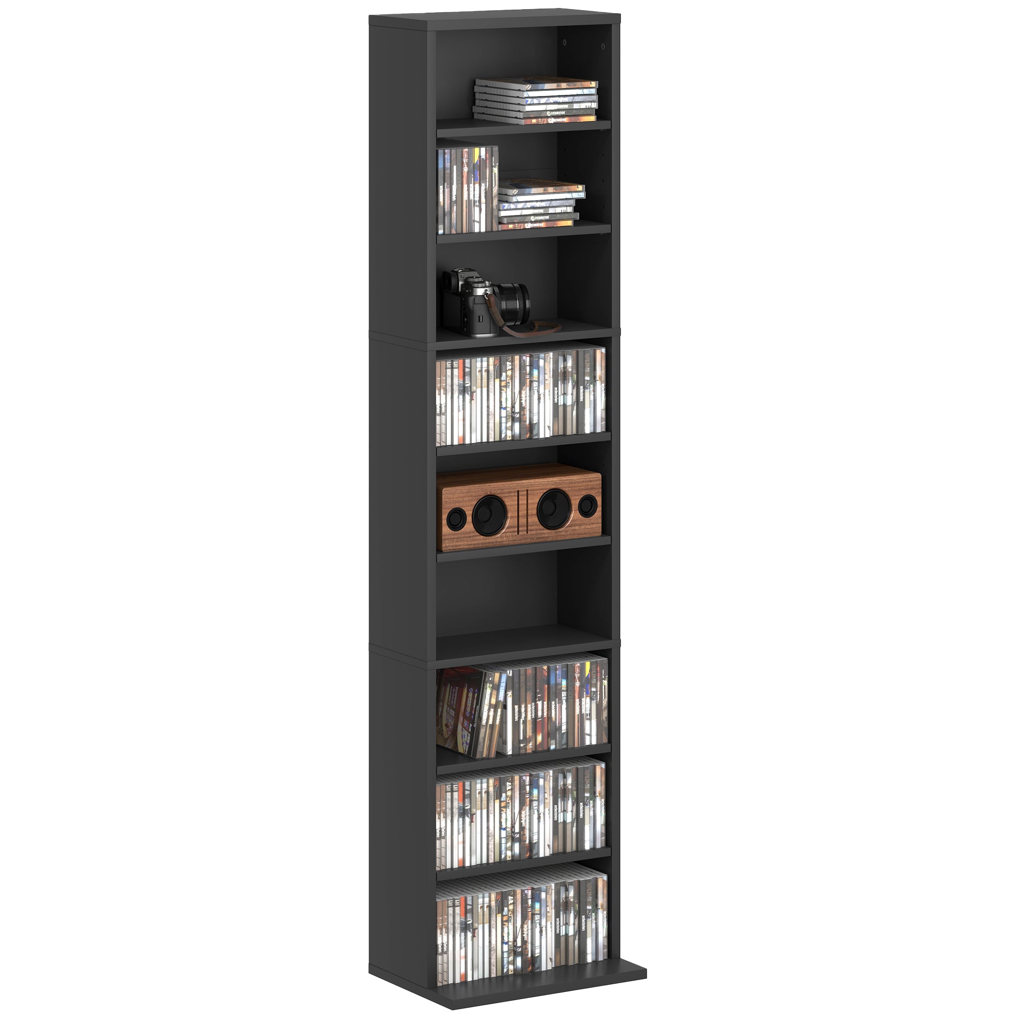 Media Storage Cabinet, 9-Tier Tall Narrow DVD Shelf with 6 Adjustable Shelves, Display Shelf, Holds 260 CDs, 120 DVDs, Black