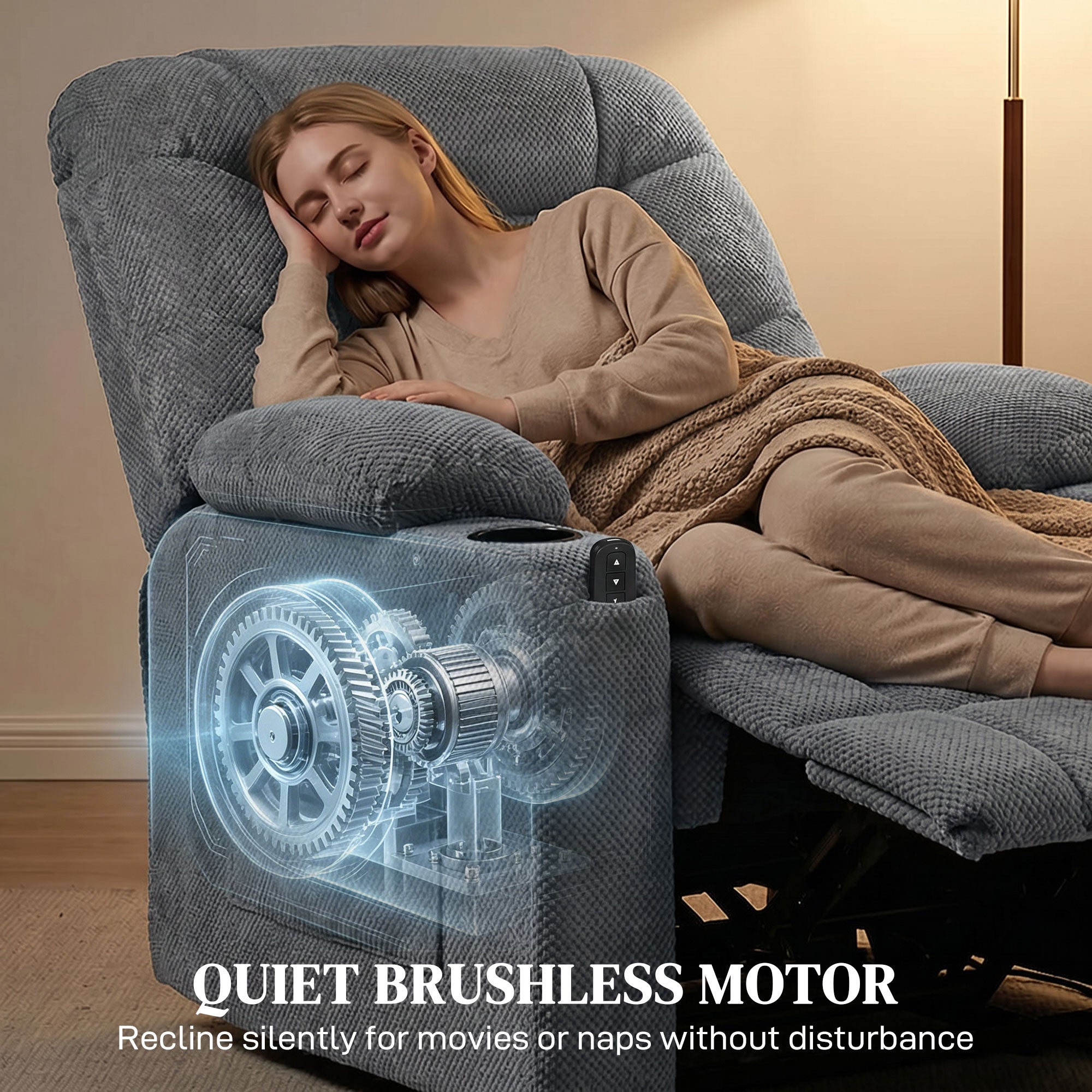 Recliner Armchair with Vibration Massage, Heat, Whisper-Quiet Motor, Memory Function, Fleece Power Reclining Chair with Spring Pack, USB Port, Footrest, Side Pockets, Cup Holders, Dark Grey