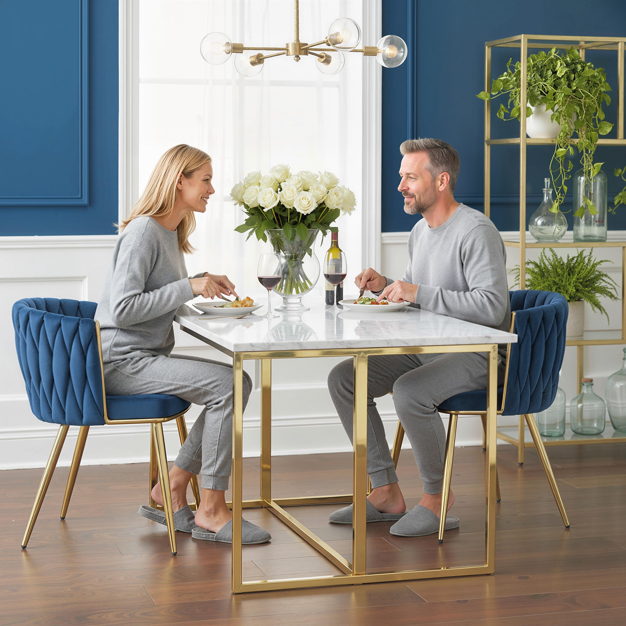Velvet-Feel Dining Chairs Set of 2, Modern Upholstered Kitchen Chairs with Woven Backrest and Armrests, Metal Legs and Padded Seat for Dining Room, Bedroom, Living Room, Dark Blue
