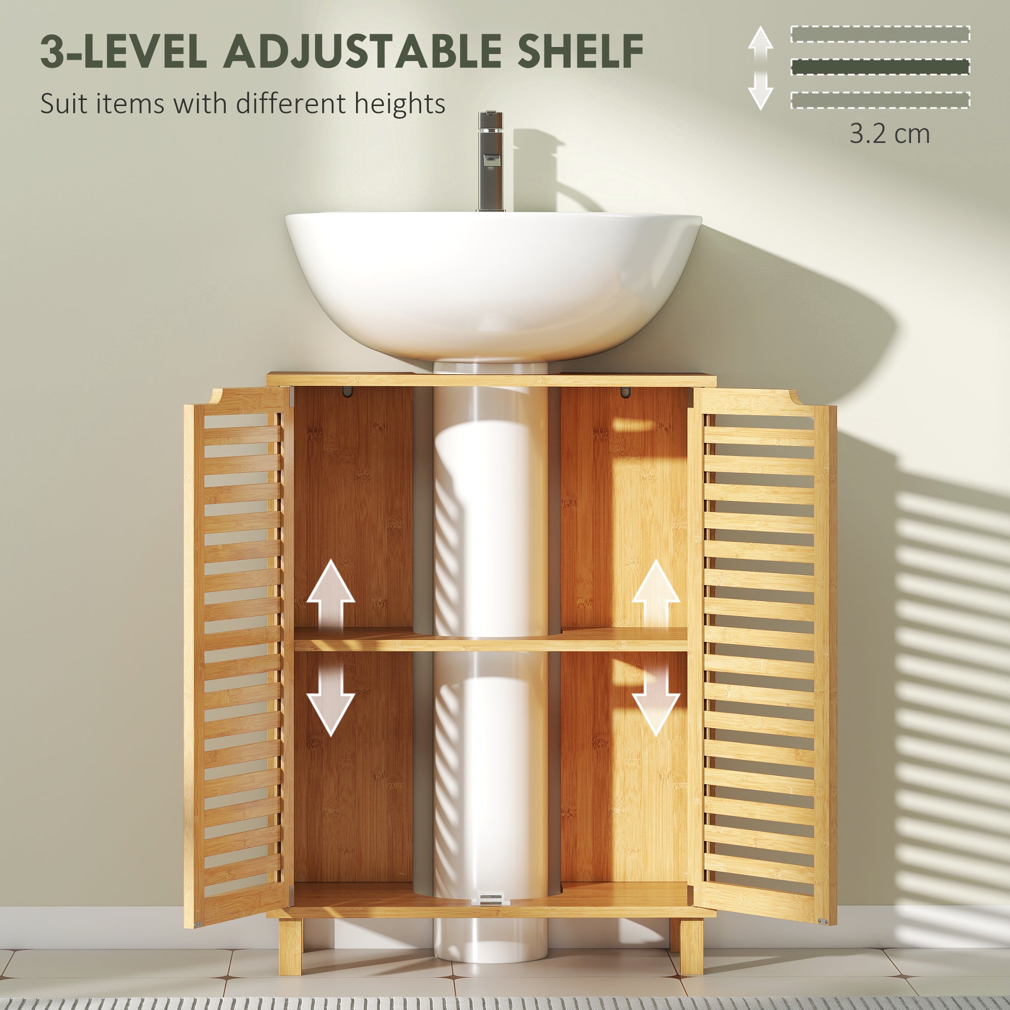 Under Sink Bathroom Cabinet, Freestanding Bamboo Under Sink Cabinet with Louvered Doors and Adjustable Shelf for Basin without or with Pedestal, Natural