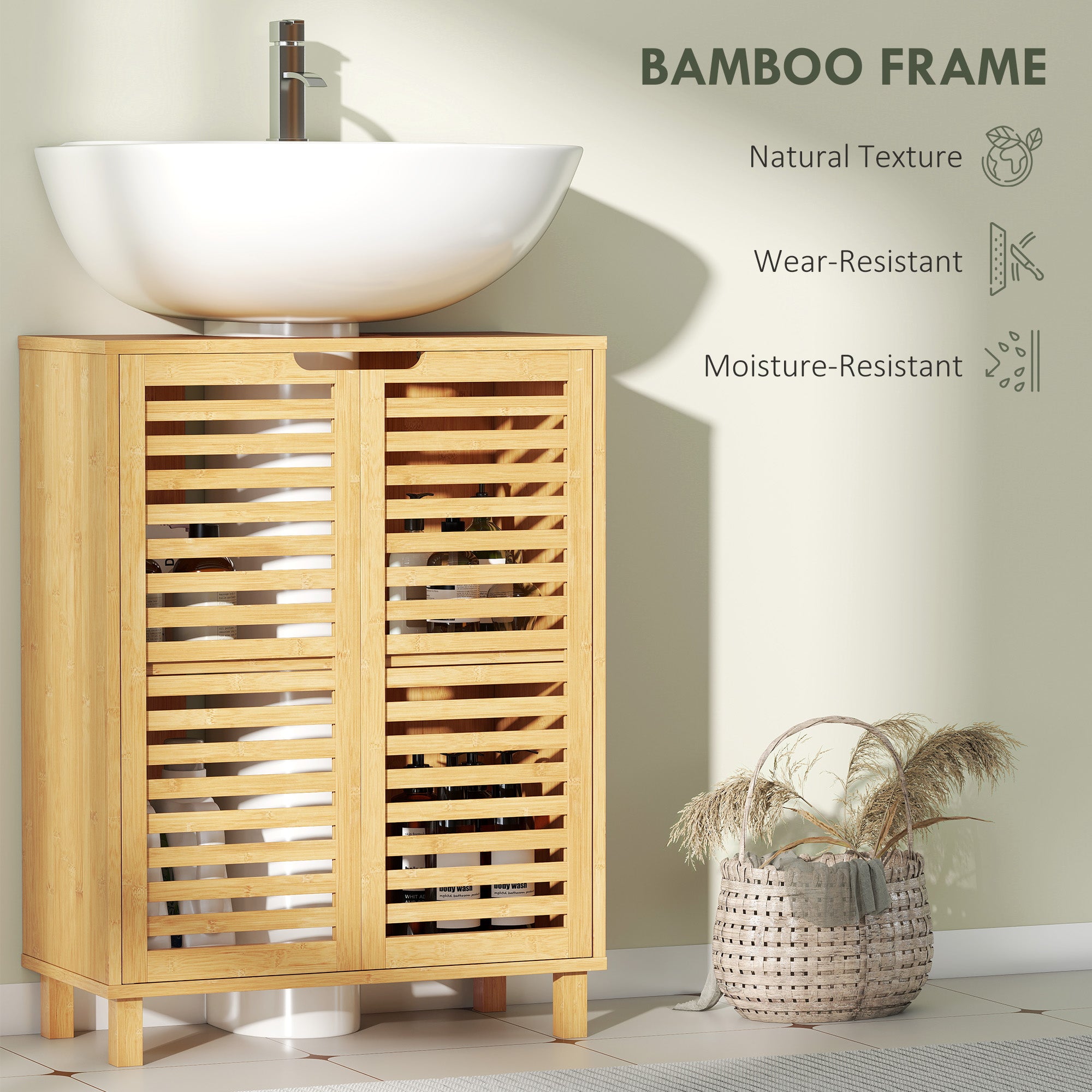 Under Sink Bathroom Cabinet, Freestanding Bamboo Under Sink Cabinet with Louvered Doors and Adjustable Shelf for Basin without or with Pedestal, Natural