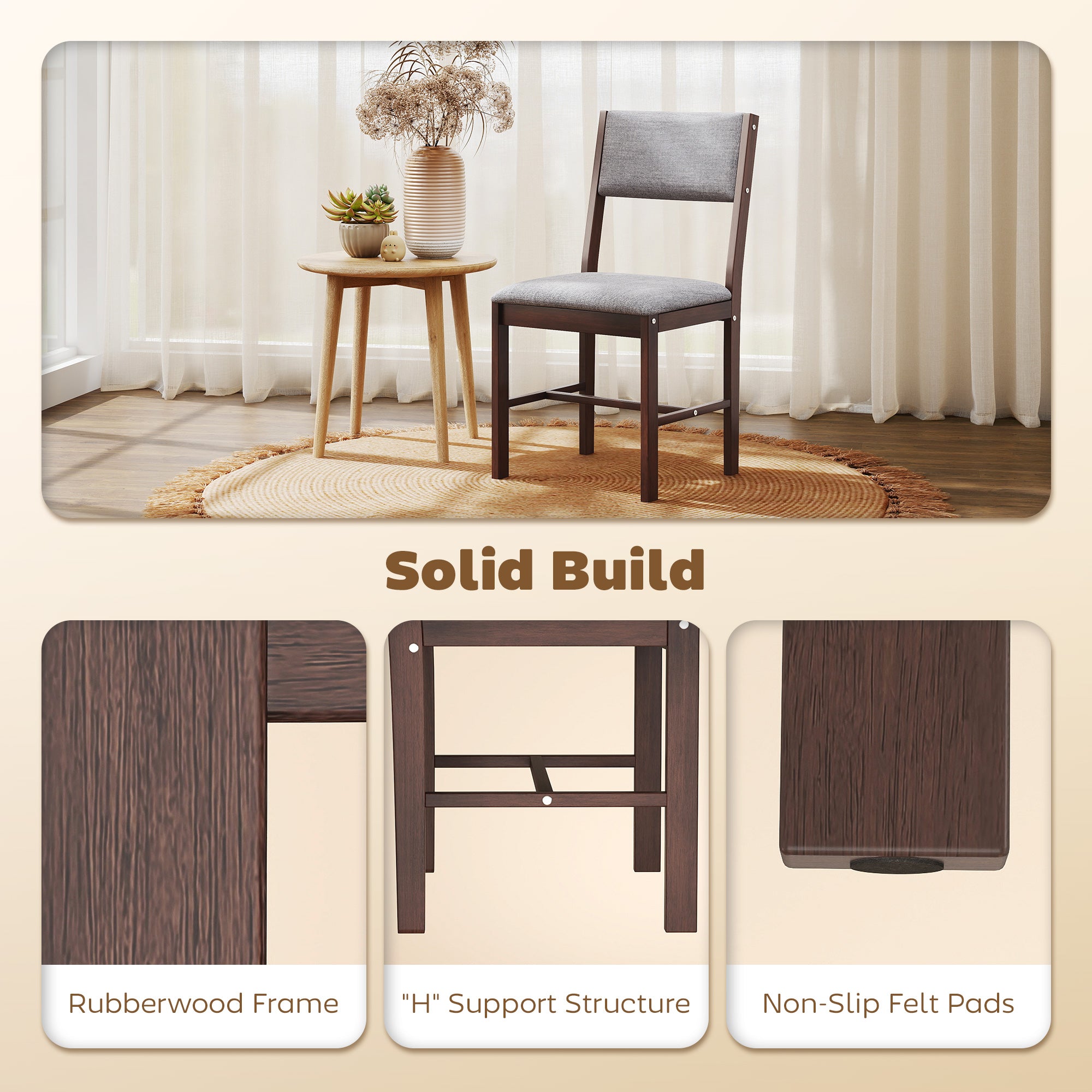 Modern Dining Chairs Set of 4, Linen Fabric Upholstered Kitchen Chairs with Rubberwood Legs for Dining Room, Living Room, Walnut and Gray