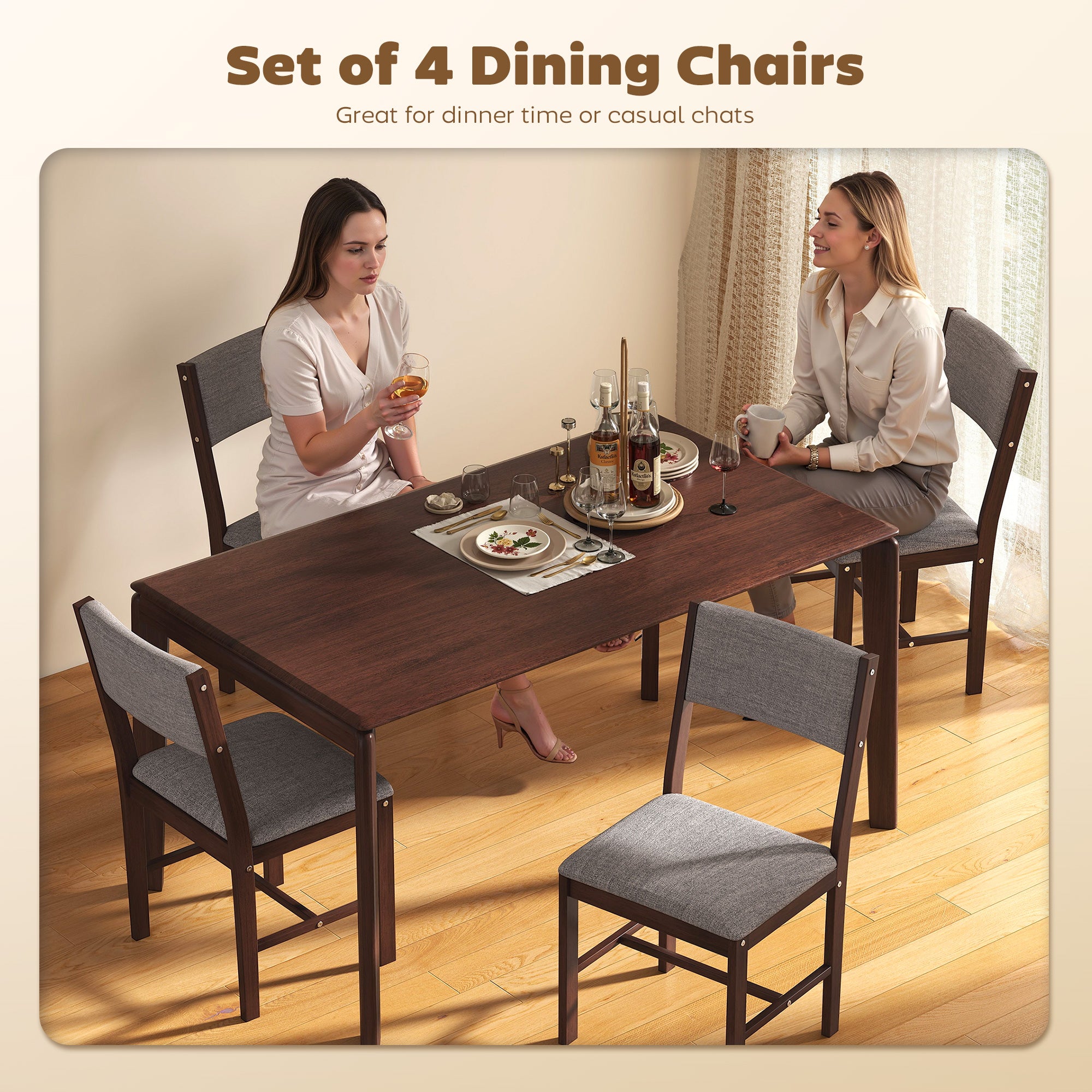 Modern Dining Chairs Set of 4, Linen Fabric Upholstered Kitchen Chairs with Rubberwood Legs for Dining Room, Living Room, Walnut and Gray