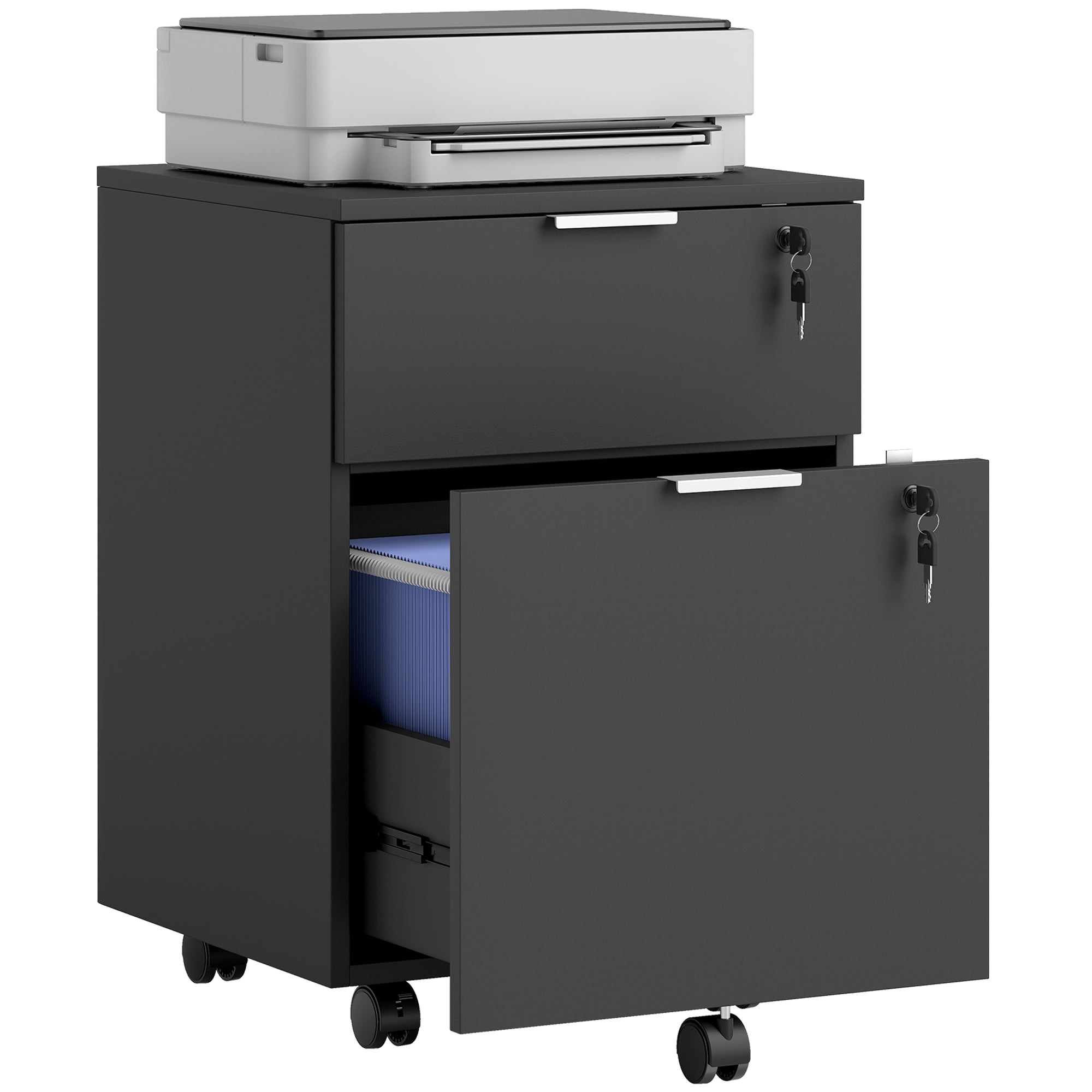 Mobile File Cabinet with Wheels and Lock, 2 Drawer Under Desk Office Cabinet, Adjustable A4 and Letter Hanging Bars, Black