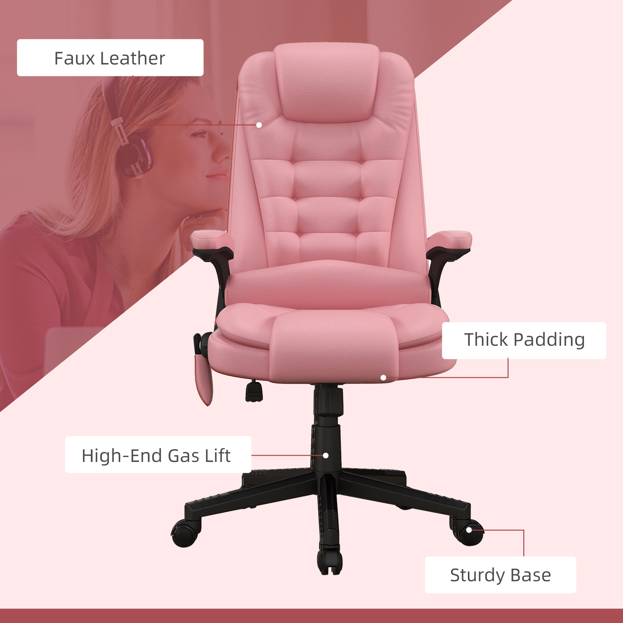Heated Massage Office Chair with 6 Vibration Points, Armrest and Remote, Pink