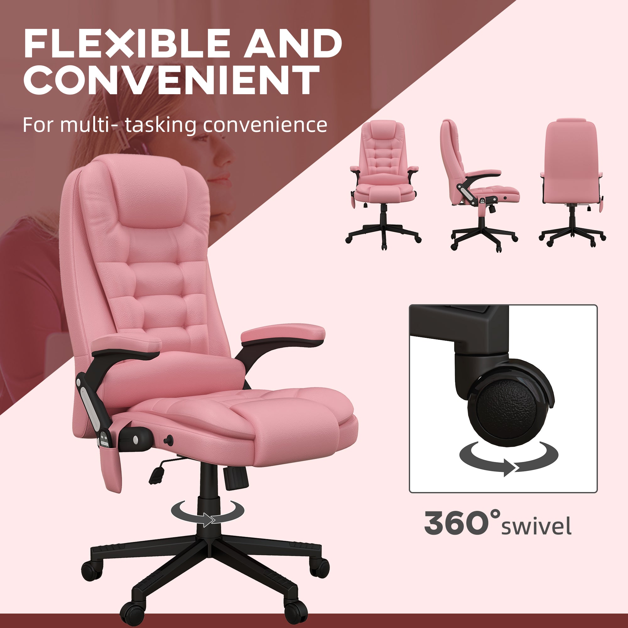 Heated Massage Office Chair with 6 Vibration Points, Armrest and Remote, Pink