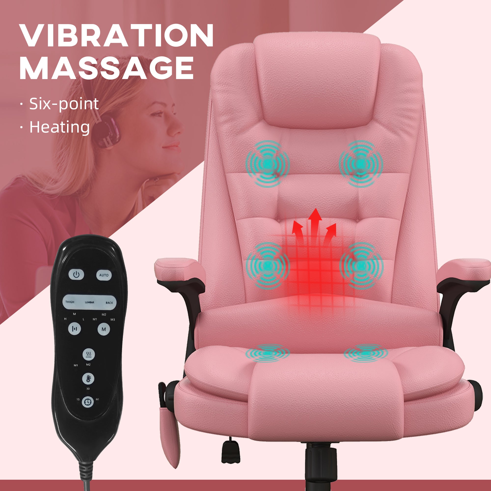 Heated Massage Office Chair with 6 Vibration Points, Armrest and Remote, Pink