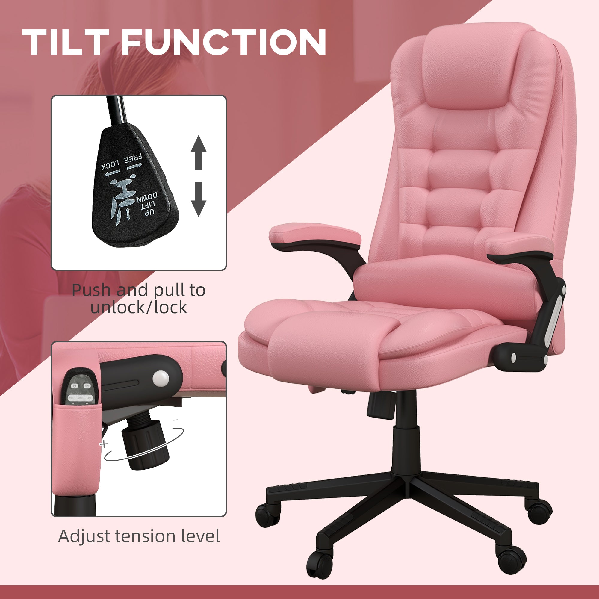 Heated Massage Office Chair with 6 Vibration Points, Armrest and Remote, Pink