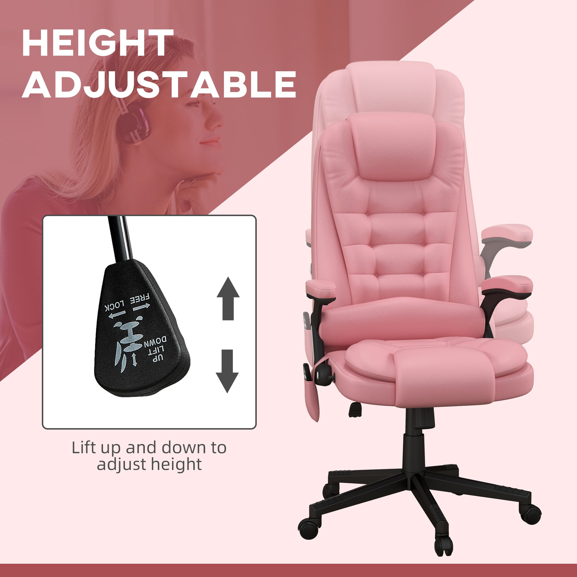 Heated Massage Office Chair with 6 Vibration Points, Armrest and Remote, Pink