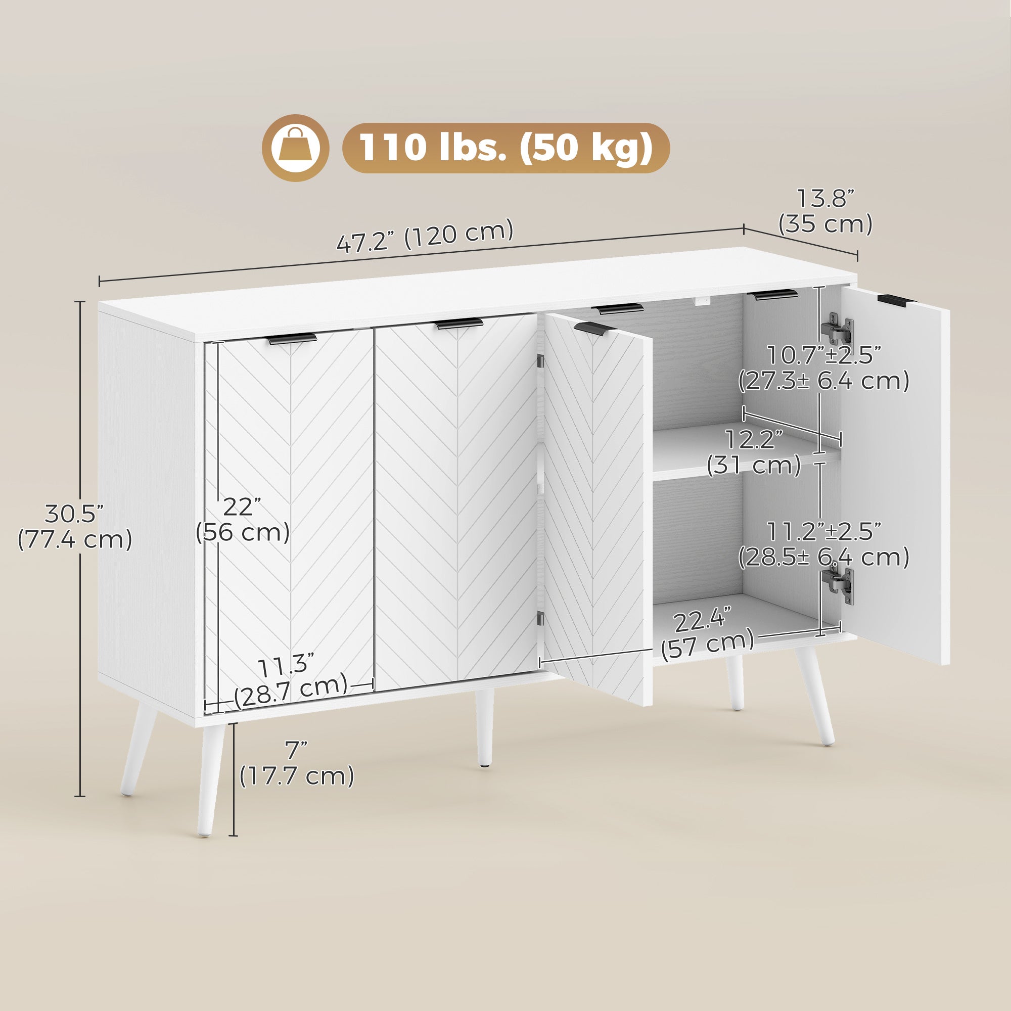 Modern Sideboard Buffet Cabinet, 47" Kitchen Storage Cabinet with 4 Doors and 2 Adjustable Shelves, Coffee Bar Station, White