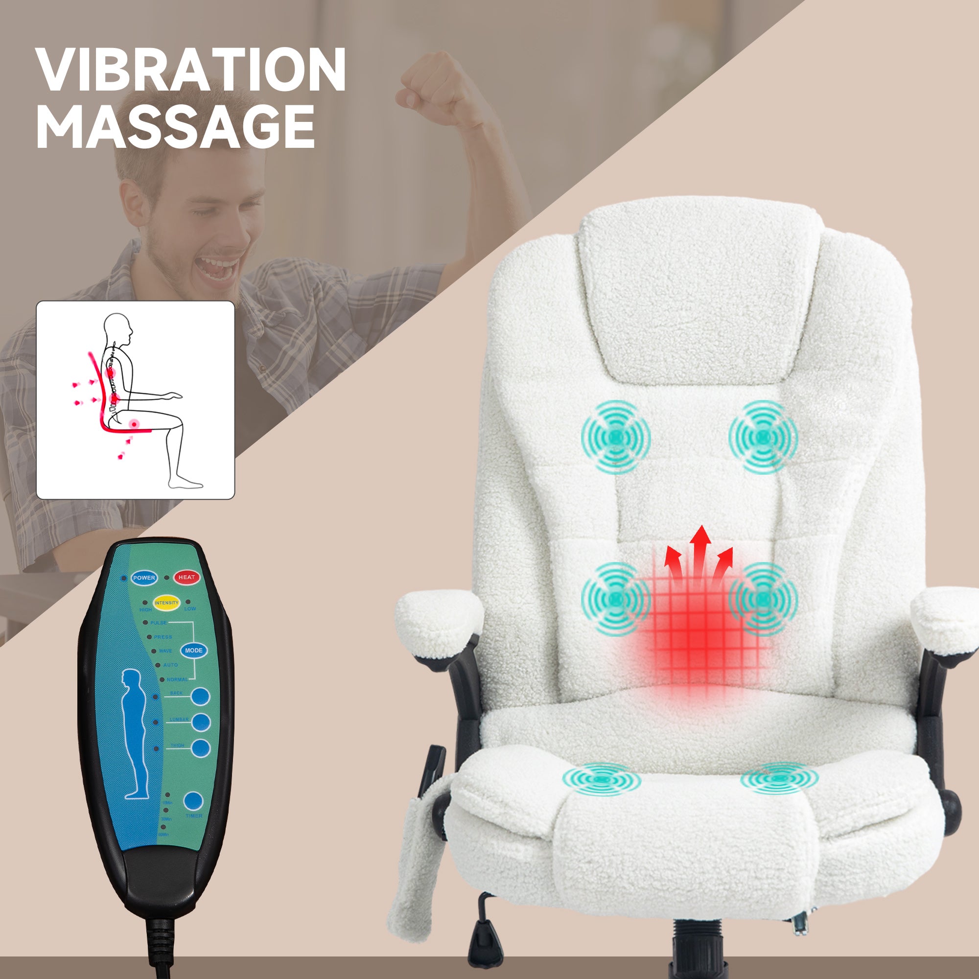 Vinsetto Office Chair, Ergonomic Desk Chair with 6-Point Massage and Back Heated, Boucle-Feel Fabric Computer Gaming Chair with Arms, Lumbar Support, White