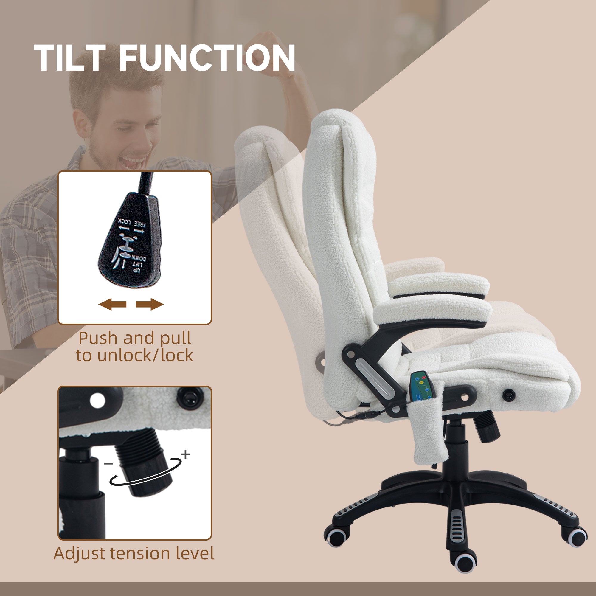 Vinsetto Office Chair, Ergonomic Desk Chair with 6-Point Massage and Back Heated, Boucle-Feel Fabric Computer Gaming Chair with Arms, Lumbar Support, White