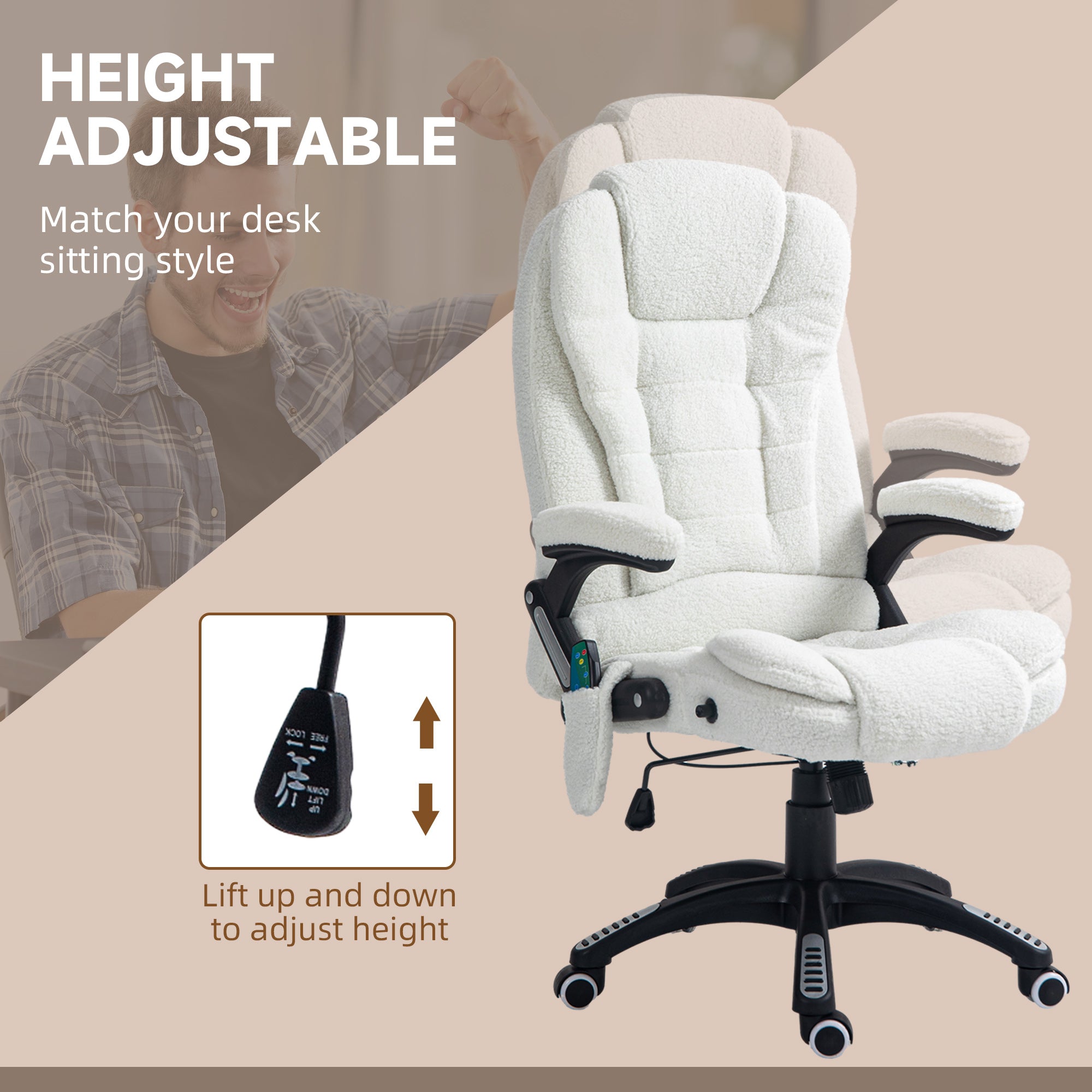 Vinsetto Office Chair, Ergonomic Desk Chair with 6-Point Massage and Back Heated, Boucle-Feel Fabric Computer Gaming Chair with Arms, Lumbar Support, White