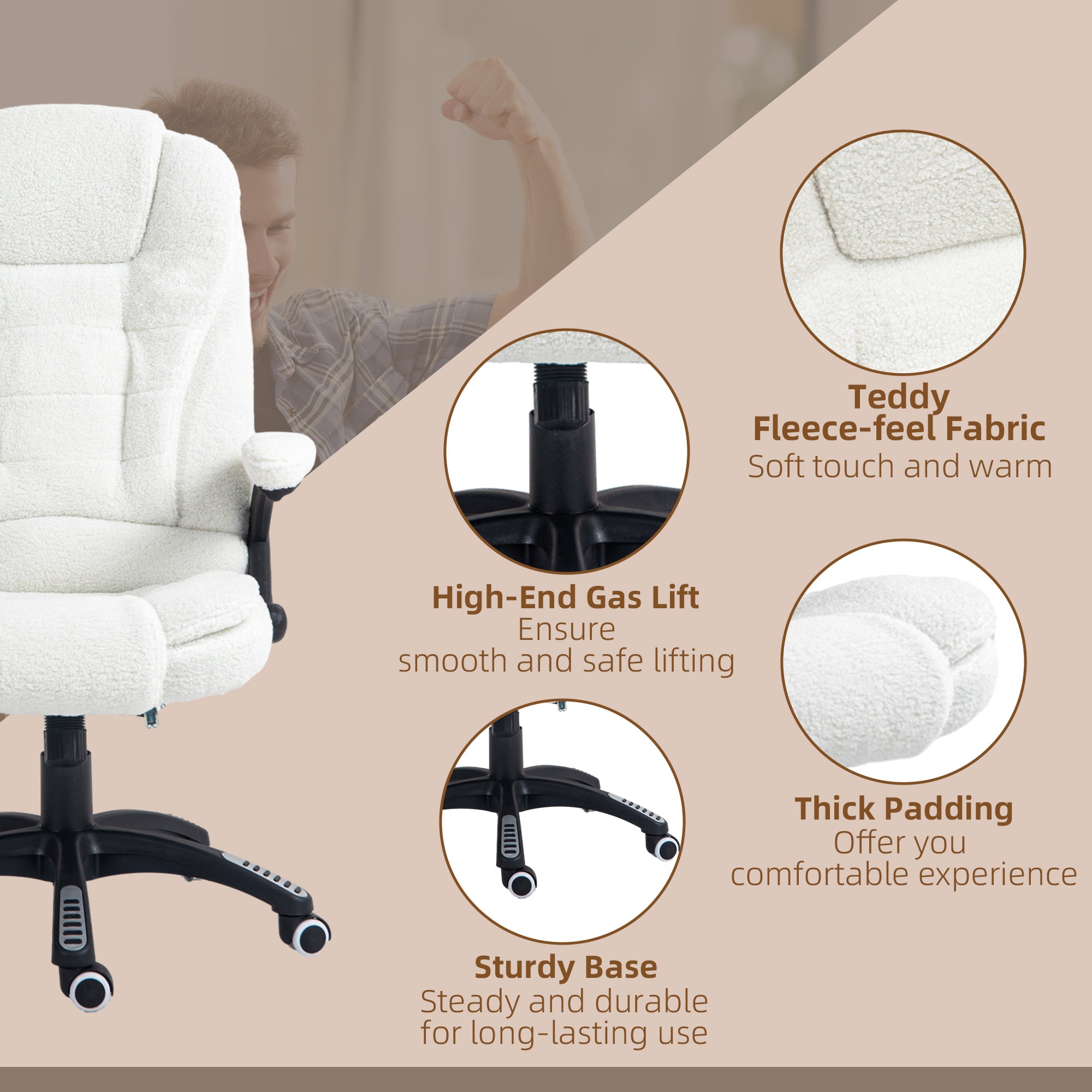 Vinsetto Office Chair, Ergonomic Desk Chair with 6-Point Massage and Back Heated, Boucle-Feel Fabric Computer Gaming Chair with Arms, Lumbar Support, White