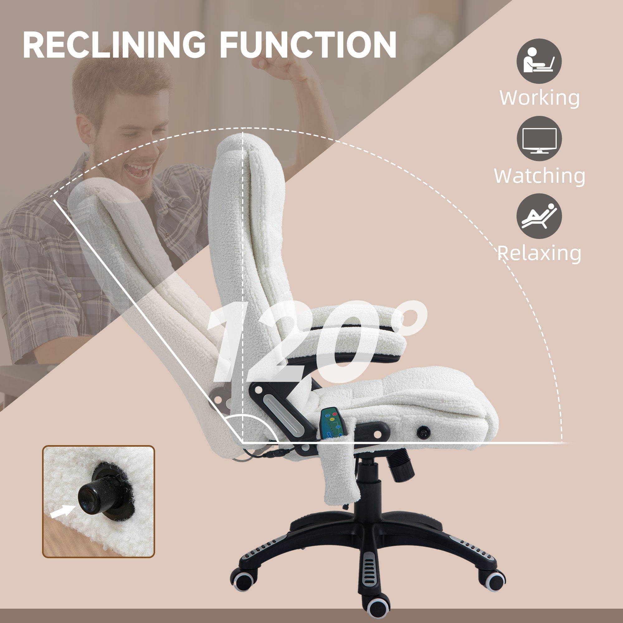 Vinsetto Office Chair, Ergonomic Desk Chair with 6-Point Massage and Back Heated, Boucle-Feel Fabric Computer Gaming Chair with Arms, Lumbar Support, White