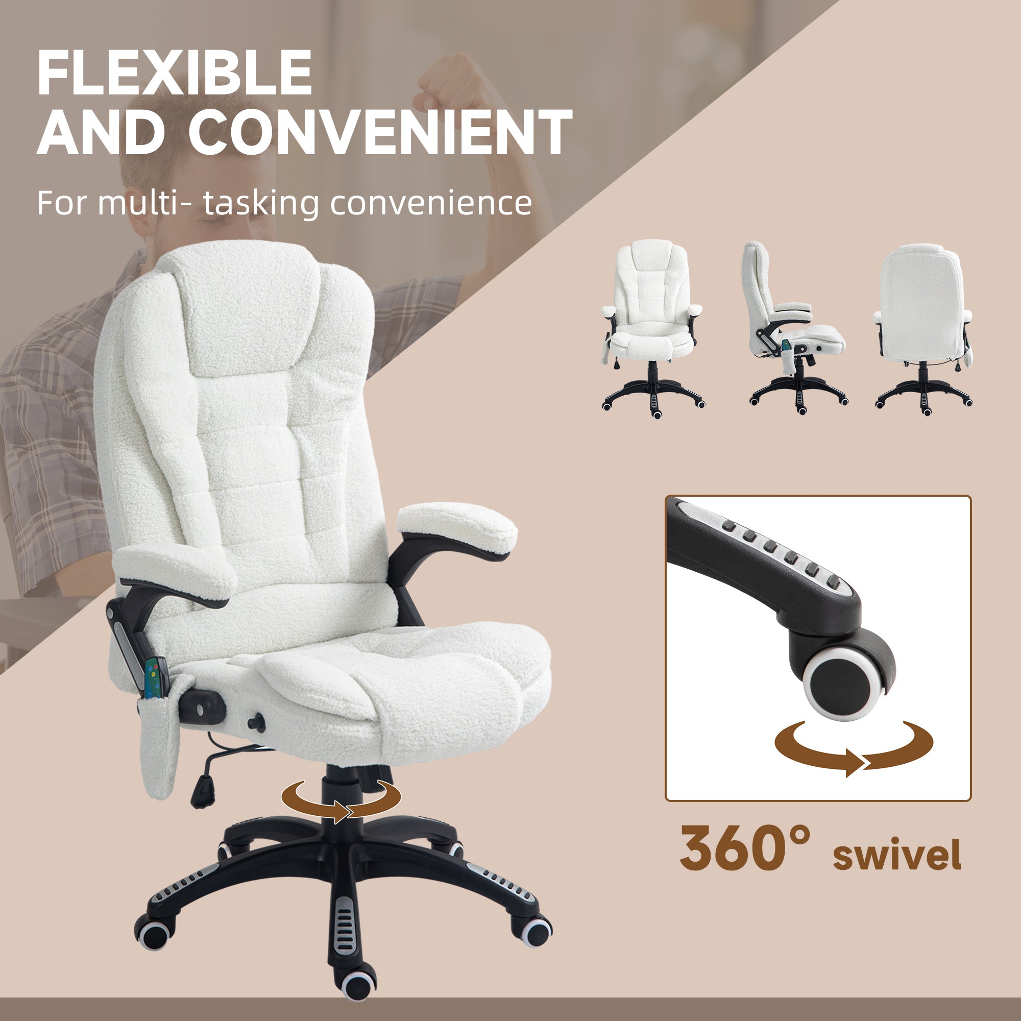 Vinsetto Office Chair, Ergonomic Desk Chair with 6-Point Massage and Back Heated, Boucle-Feel Fabric Computer Gaming Chair with Arms, Lumbar Support, White
