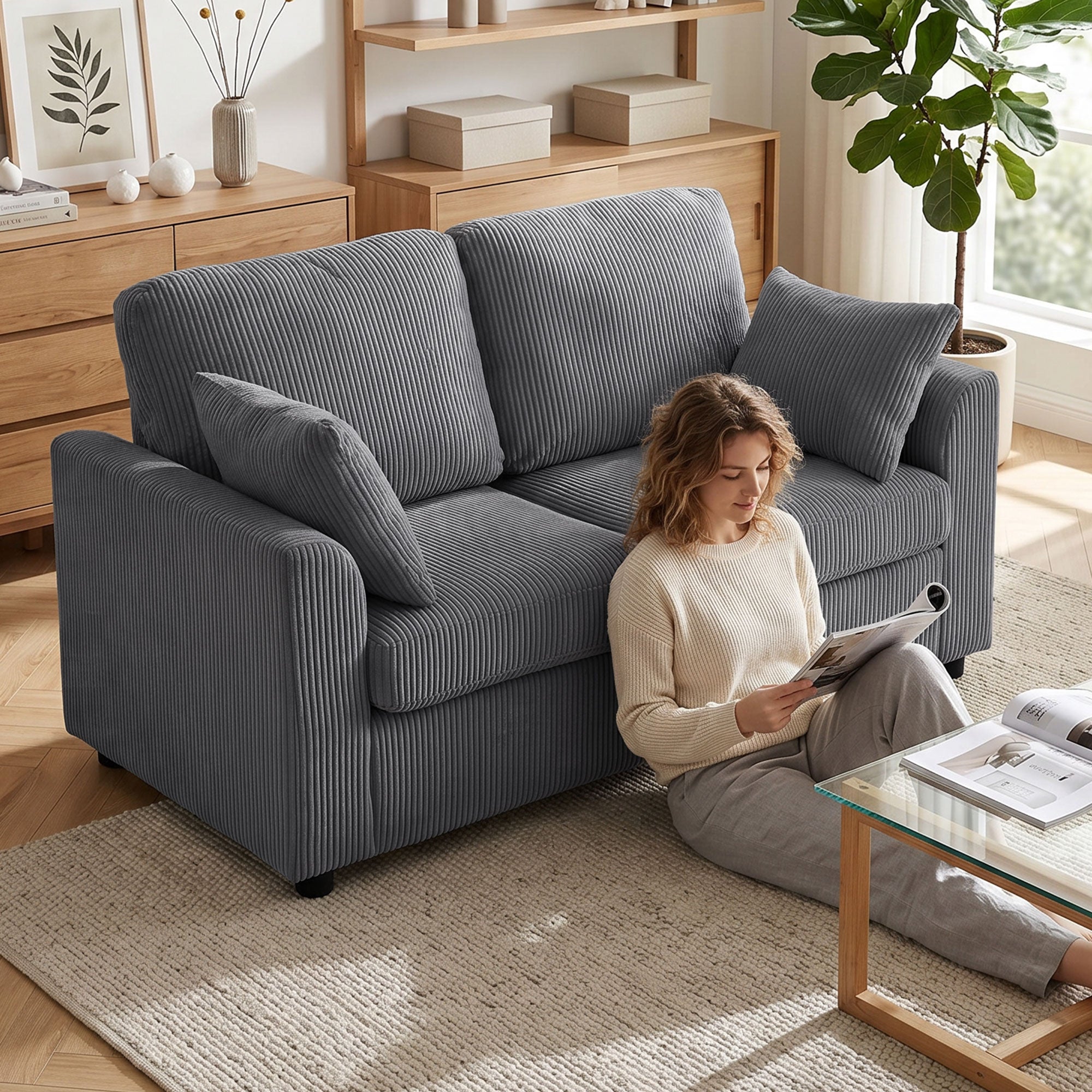 2 Seater Sofa, 144cm Corduroy Small Couch with Spring Cushion, Wide and Deep Seat, Plush Backrest, 2 Pillows, Loveseat Sofa Settee for Small Space, Living Room, Bedroom, Home Office, Dark Grey