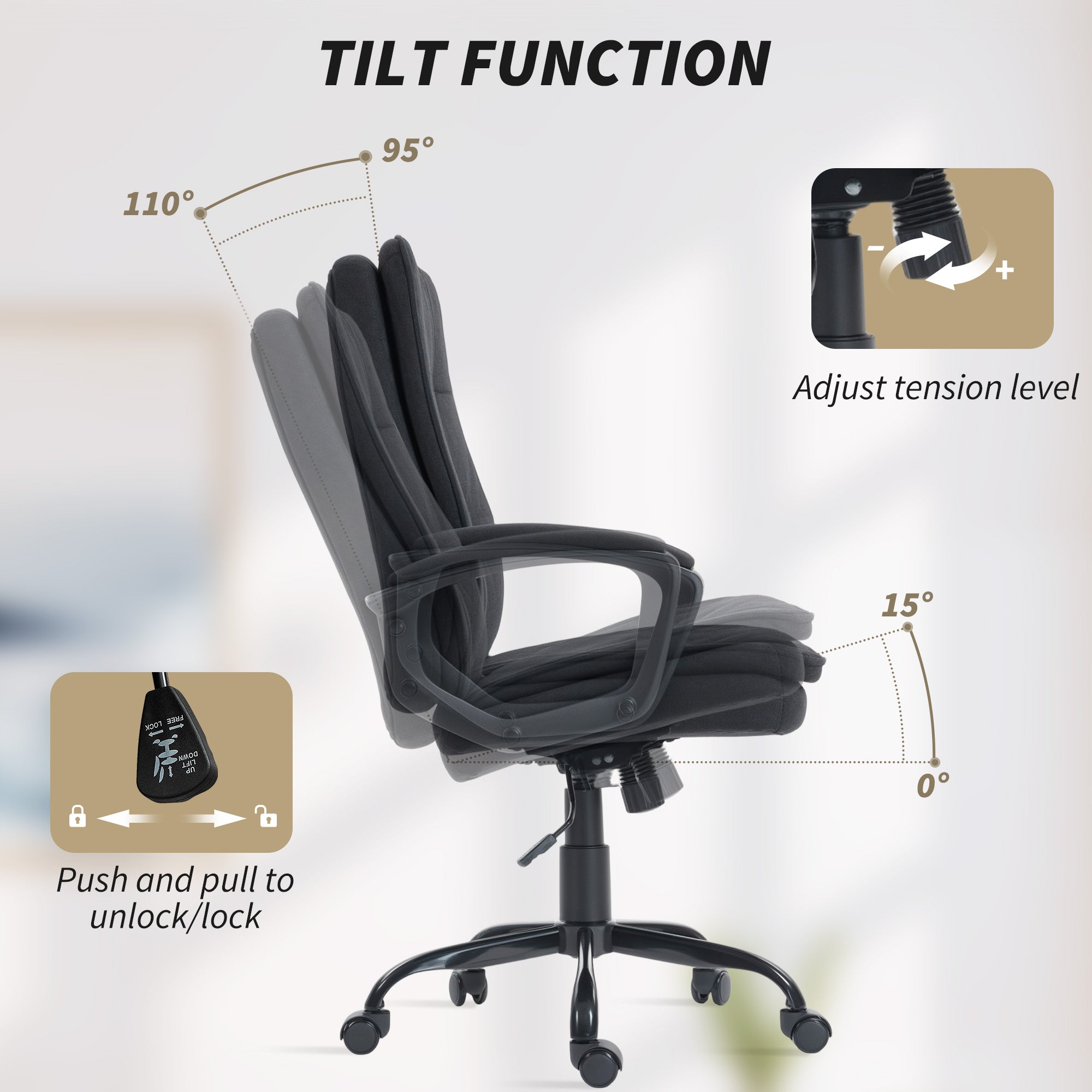 Executive Office Chair, Fabric Computer Desk Chair with Dual-Layer Padding, Adjustable Height, Armrests, Tilt Function, Swivel Wheels for Home Office, Study, Black
