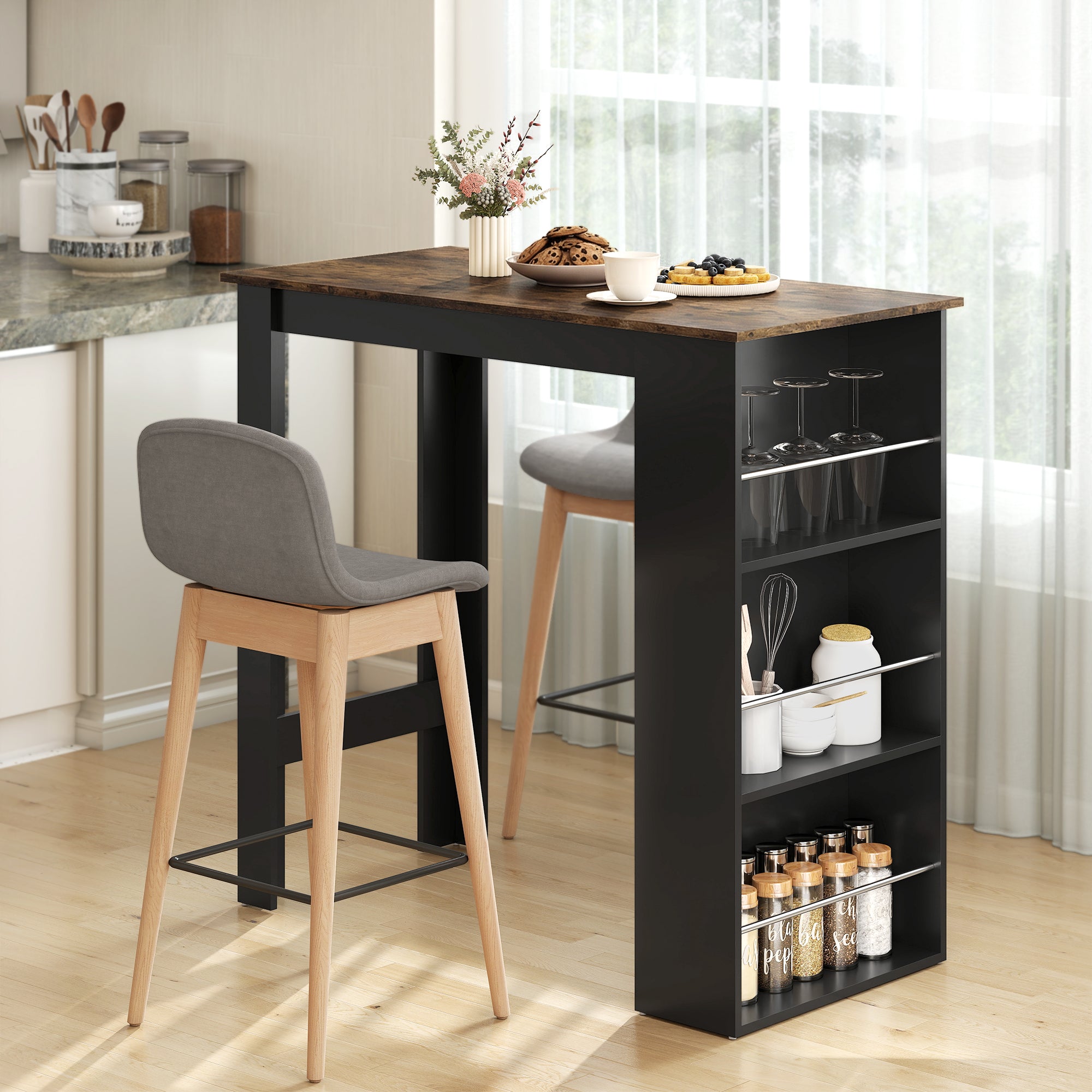 Modern Bar Table, Counter Height Dining Table with 3 Storage Shelves for Kitchen, Dining Room, Living Room, Rustic Brown