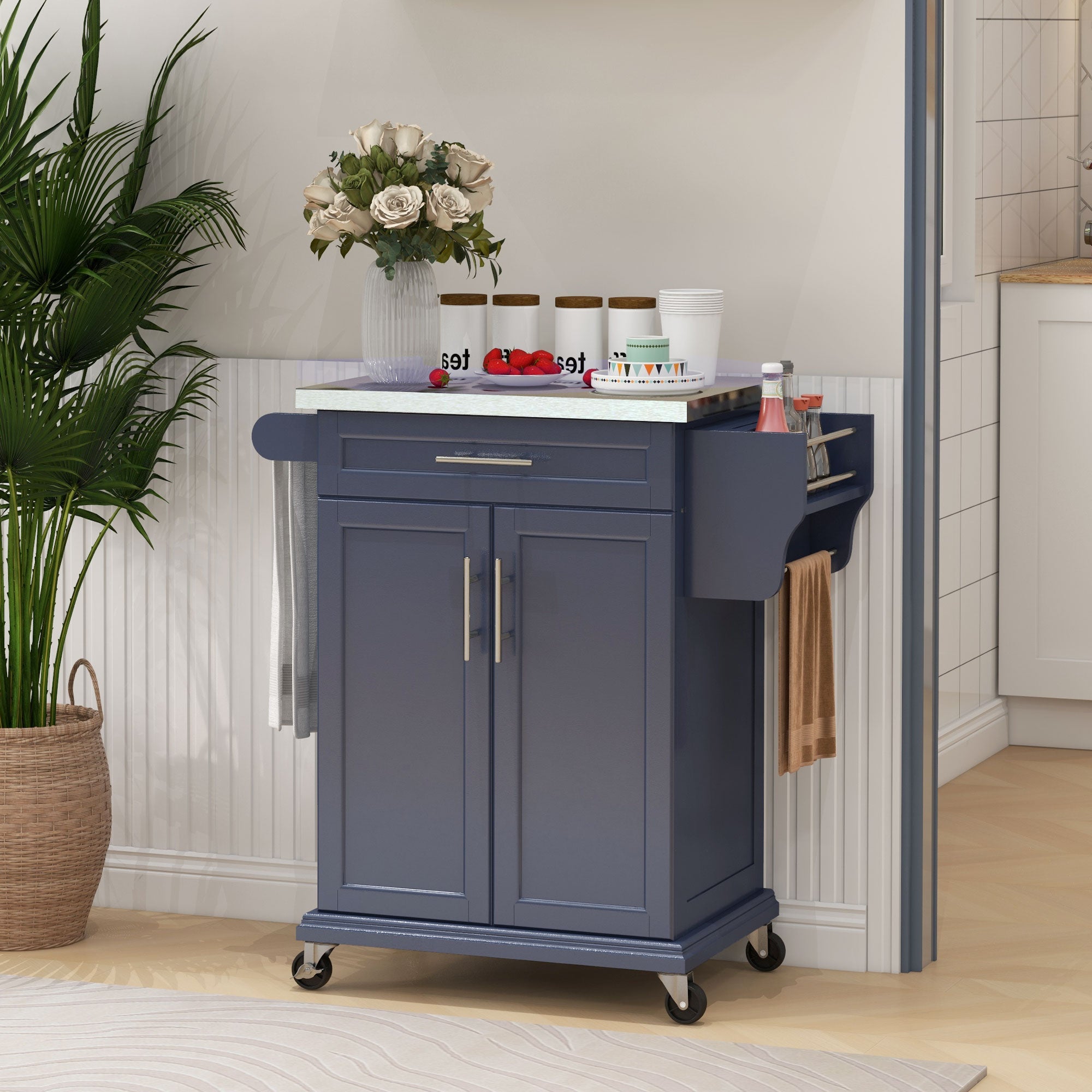 36" Stainless Steel Rolling Kitchen Cart with Drawer, Spice & Towel Racks, Deep Blue