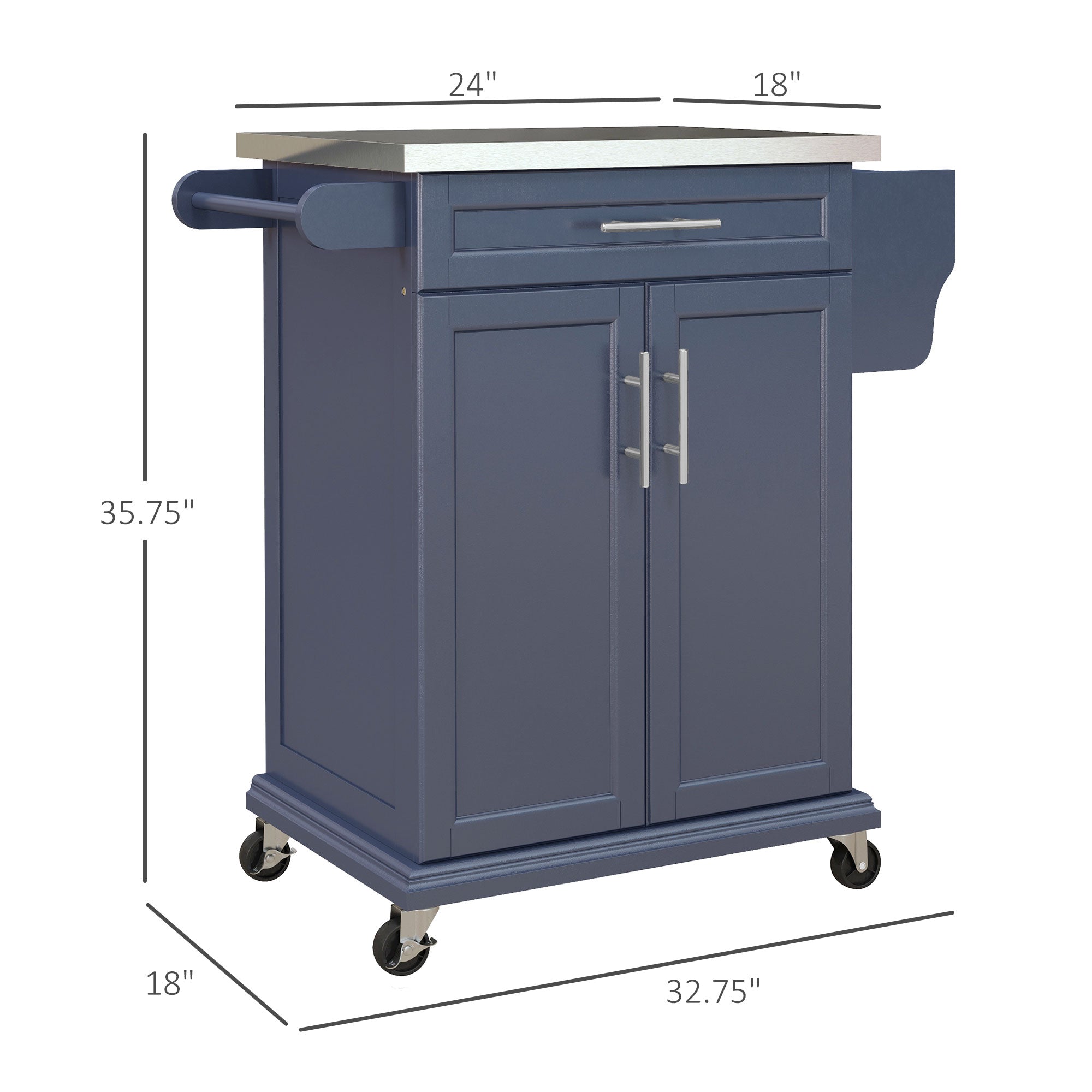 36" Stainless Steel Rolling Kitchen Cart with Drawer, Spice & Towel Racks, Deep Blue