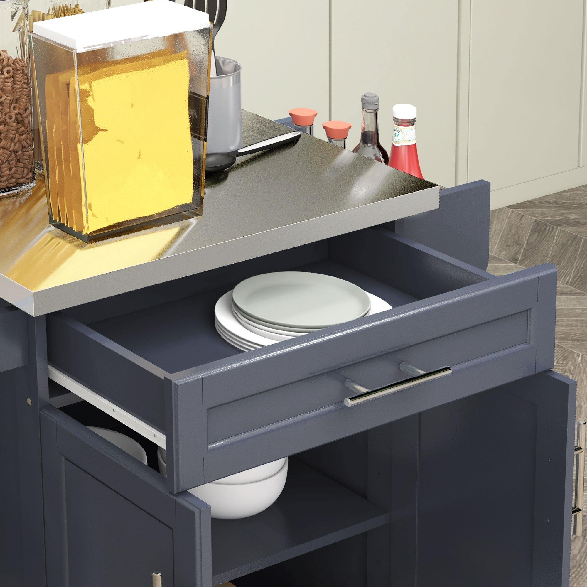 36" Stainless Steel Rolling Kitchen Cart with Drawer, Spice & Towel Racks, Deep Blue