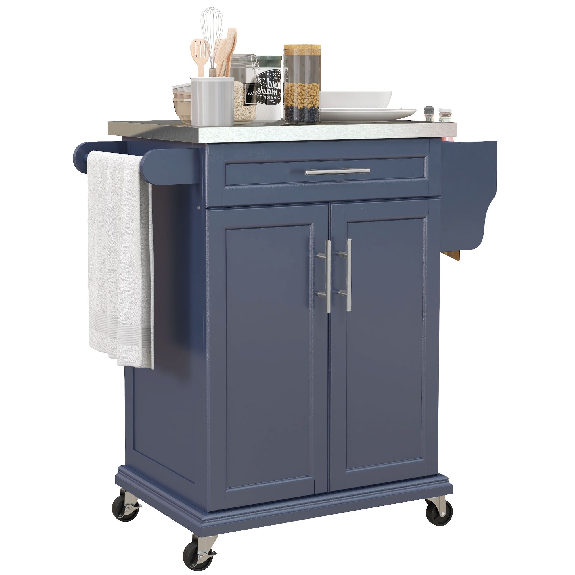 36" Stainless Steel Rolling Kitchen Cart with Drawer, Spice & Towel Racks, Deep Blue