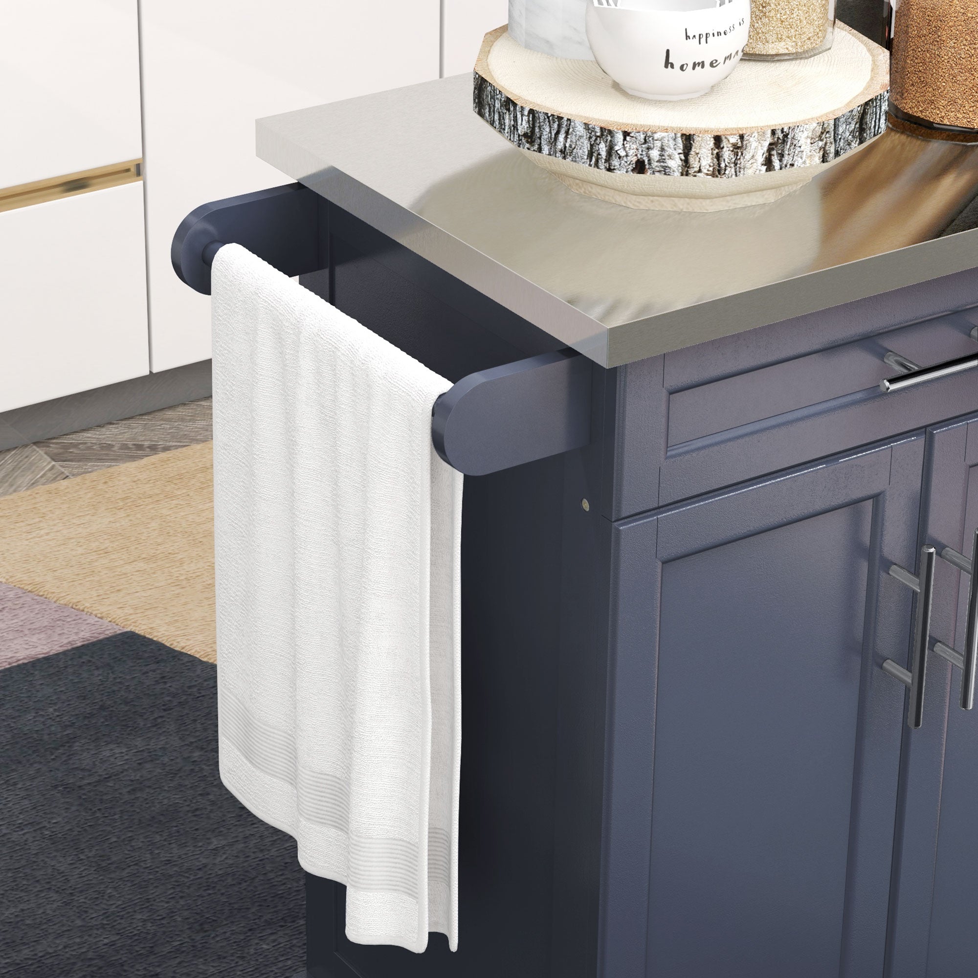 36" Stainless Steel Rolling Kitchen Cart with Drawer, Spice & Towel Racks, Deep Blue