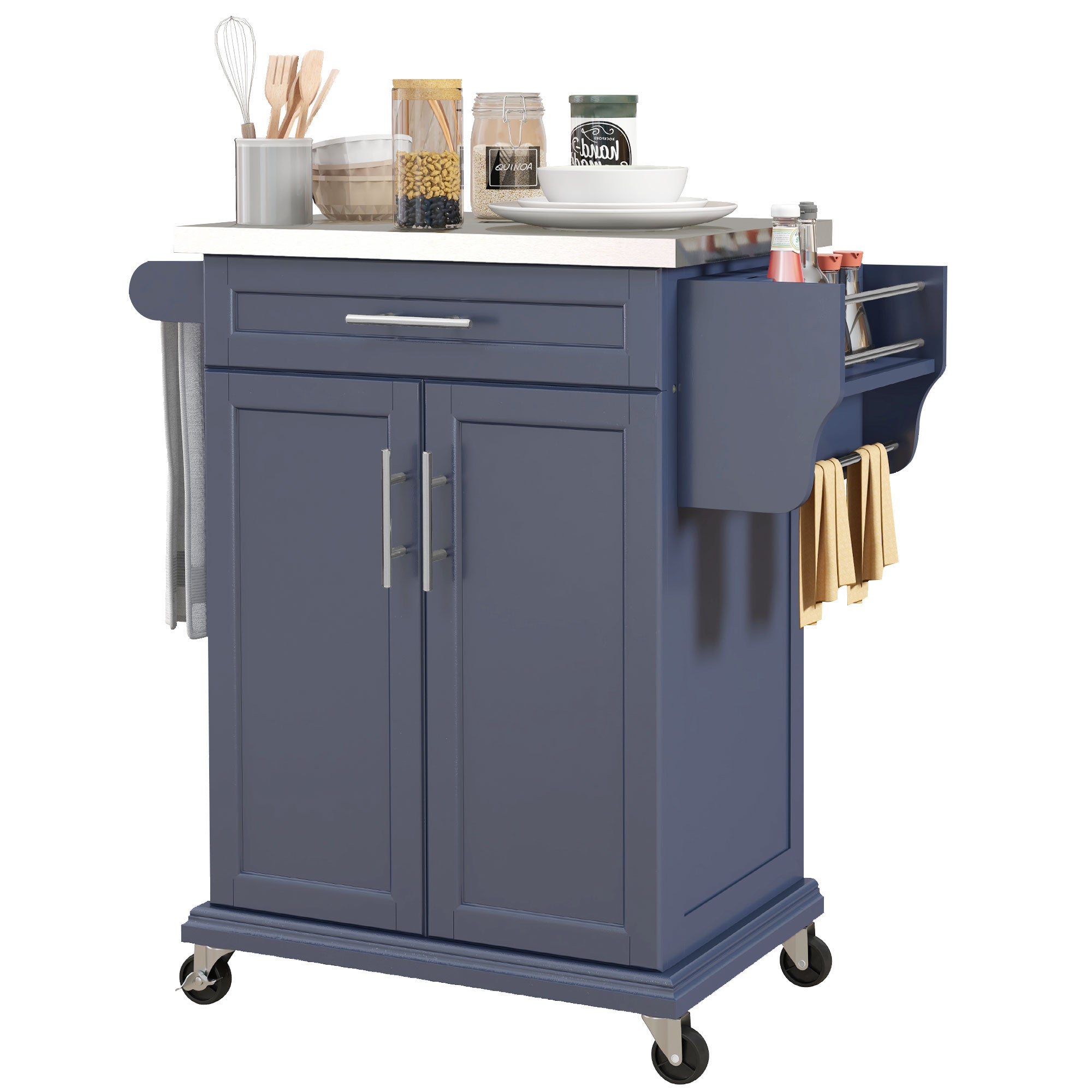 36" Stainless Steel Rolling Kitchen Cart with Drawer, Spice & Towel Racks, Deep Blue