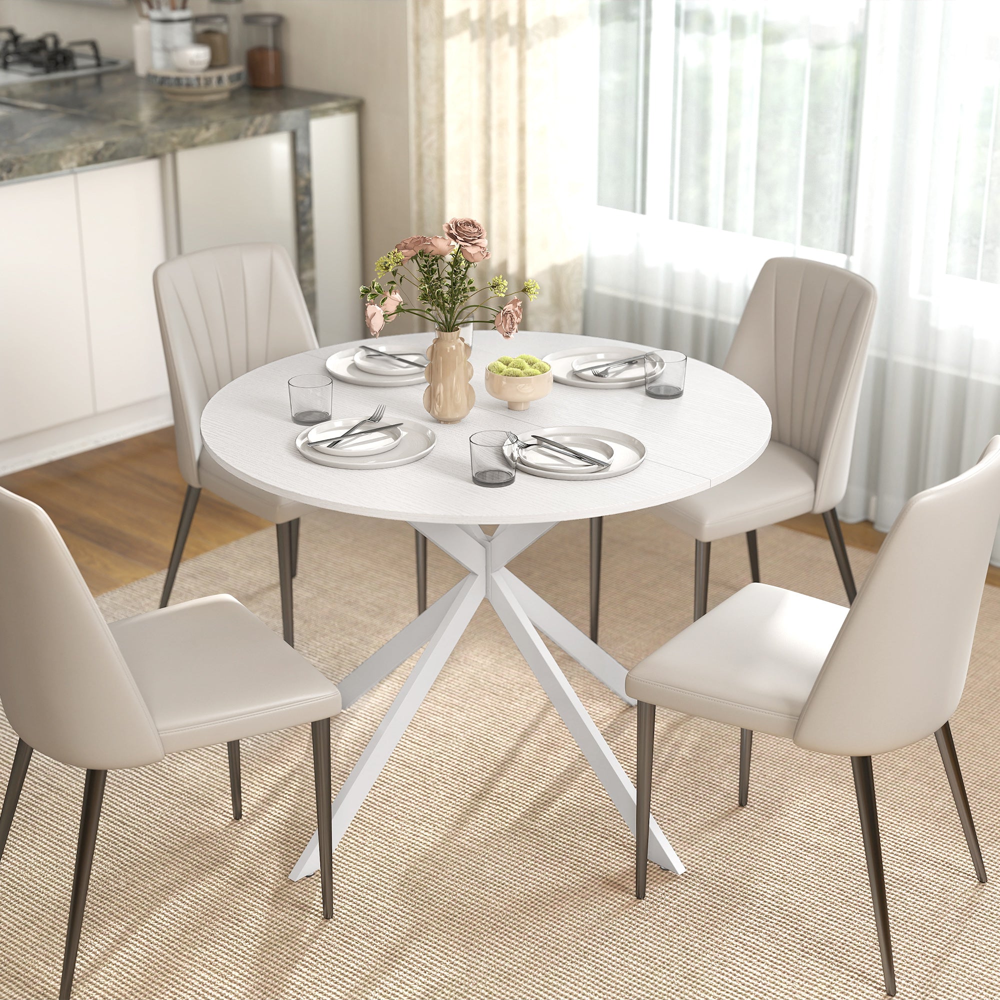 Round Dining Table for 4, 40" Industrial Kitchen Table with Steel Legs for Dining Room, White Oak