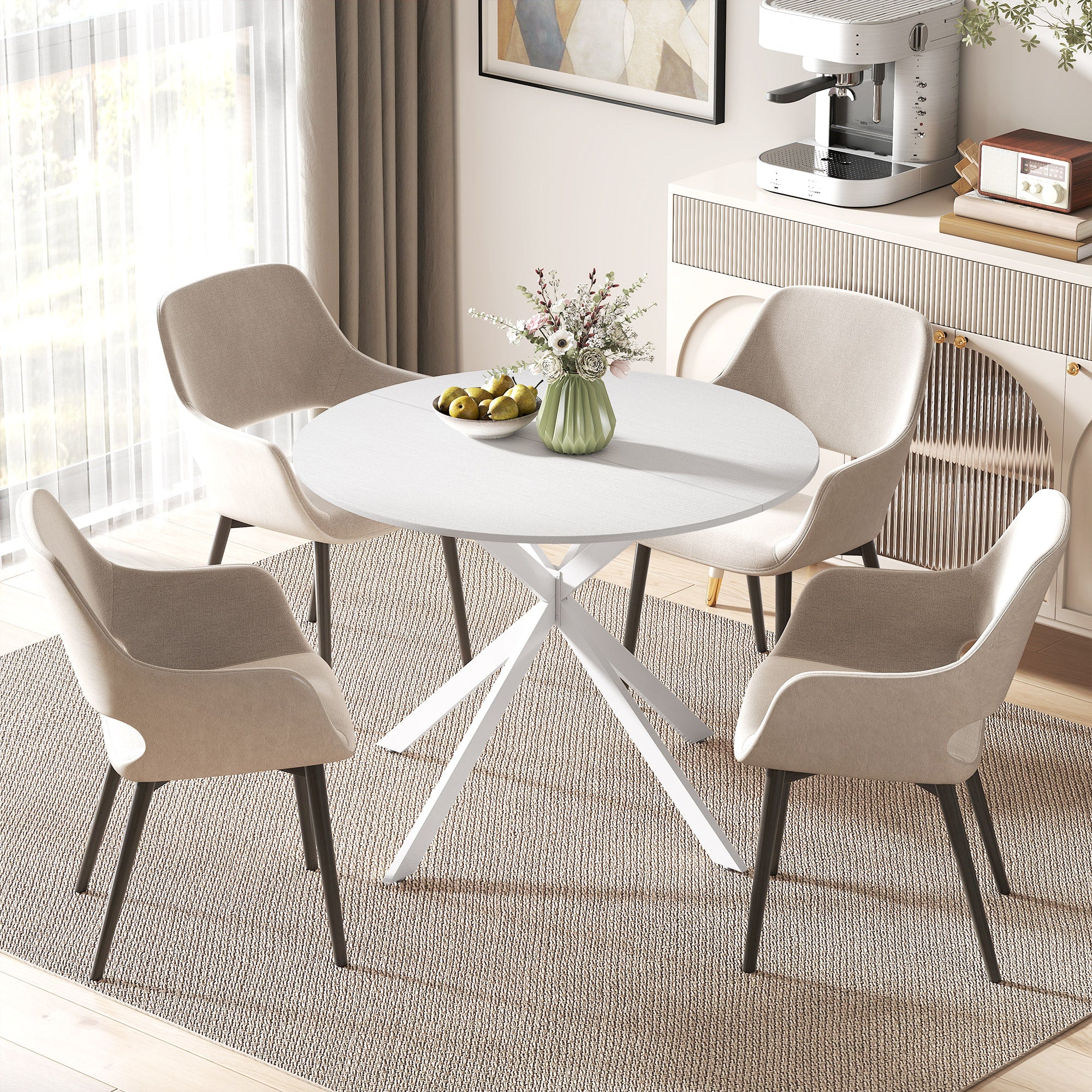 Round Dining Table for 4, 40" Industrial Kitchen Table with Steel Legs for Dining Room, White Oak