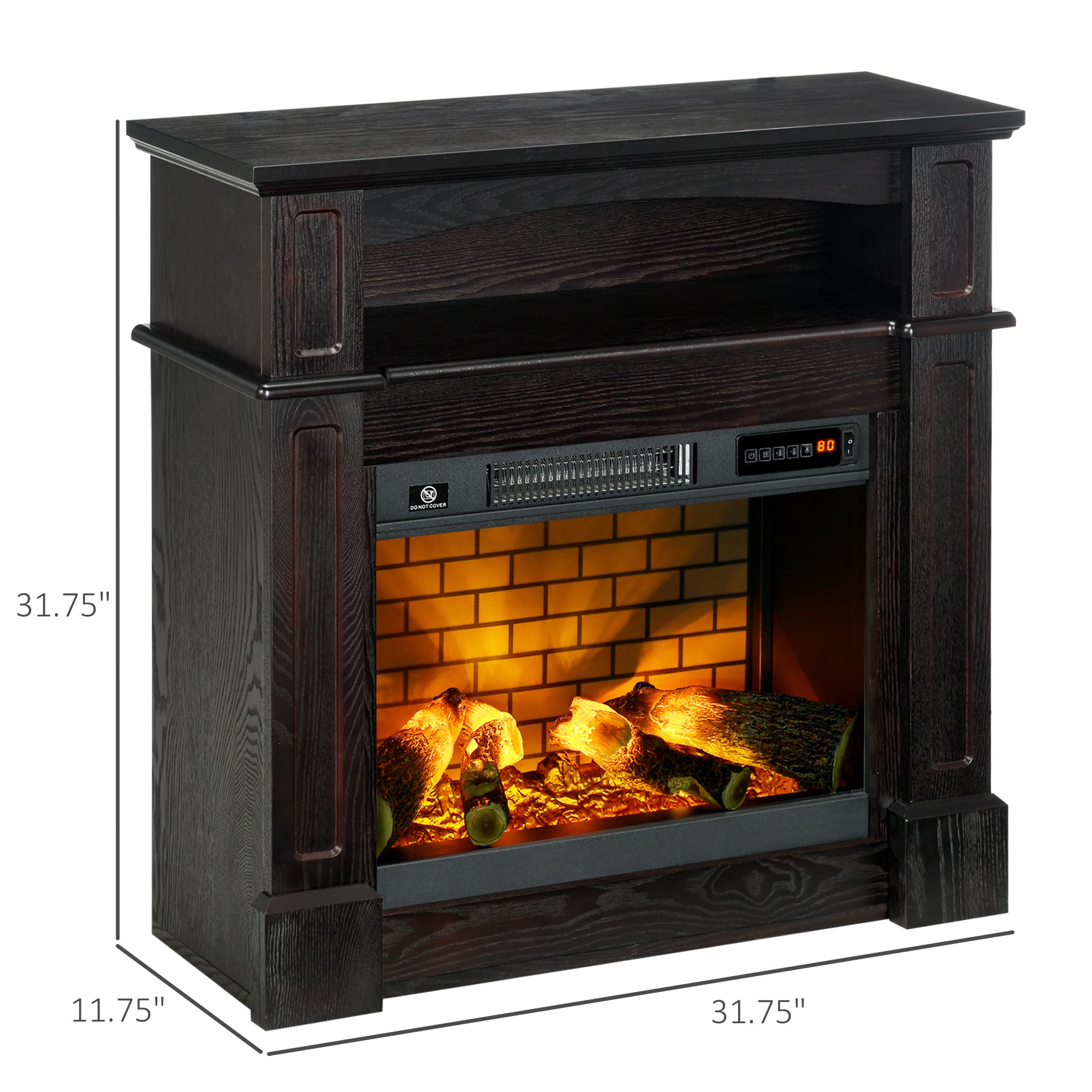 32" Electric Fireplace with Mantel, Freestanding Heater with LED Log Flame, Shelf and Remote Control, 1400W, Brown
