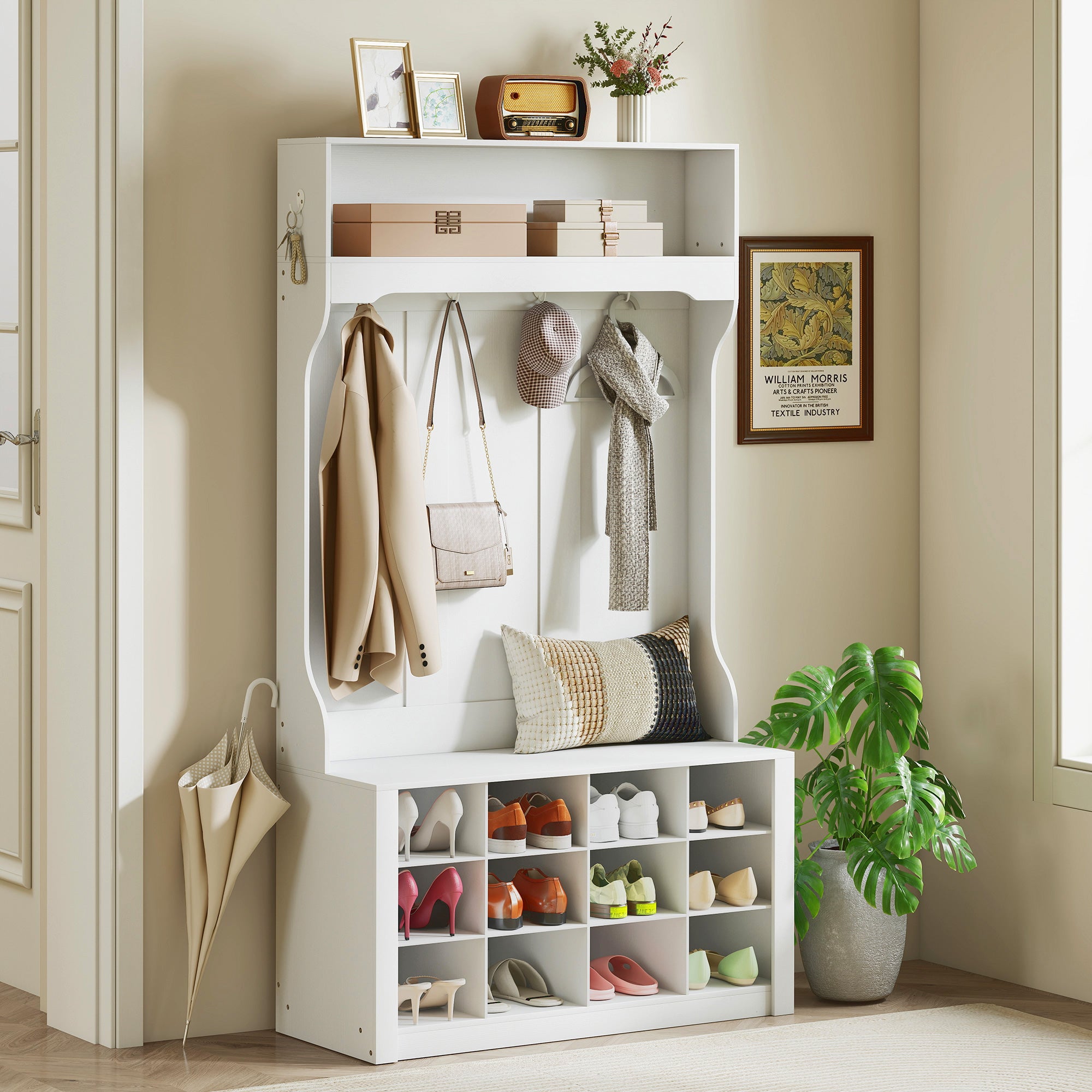 4-In-1 Hall Tree with Bench and Shoe Storage, Farmhouse Entryway Coat Rack Shoe Bench with 12 Shoe Cubbies, 6 Hooks and Open Shelf for Hallway, White