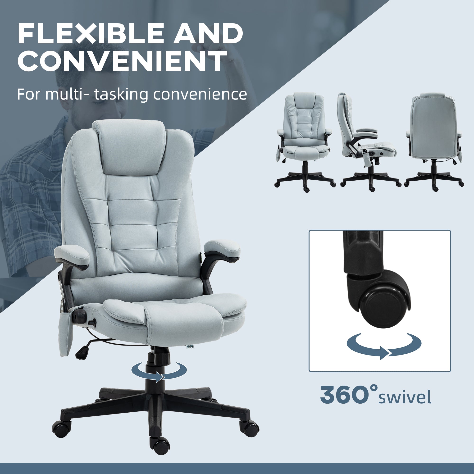 6 Point Vibrating Massage Office Chair with Heat, Microfiber Massage Desk Chair with Reclining Backrest, Light Gray