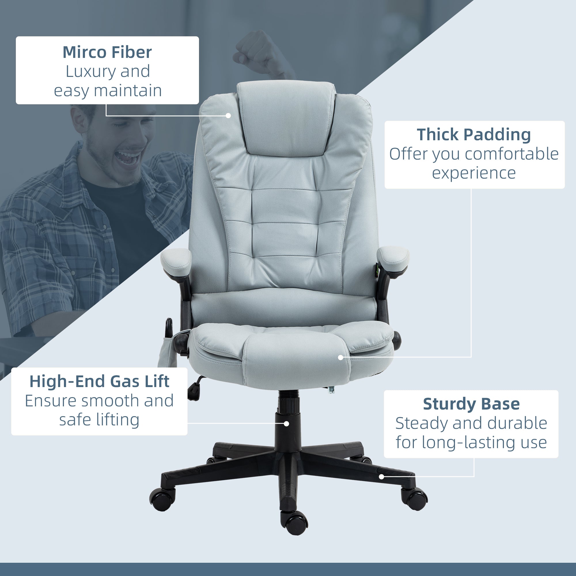 6 Point Vibrating Massage Office Chair with Heat, Microfiber Massage Desk Chair with Reclining Backrest, Light Gray
