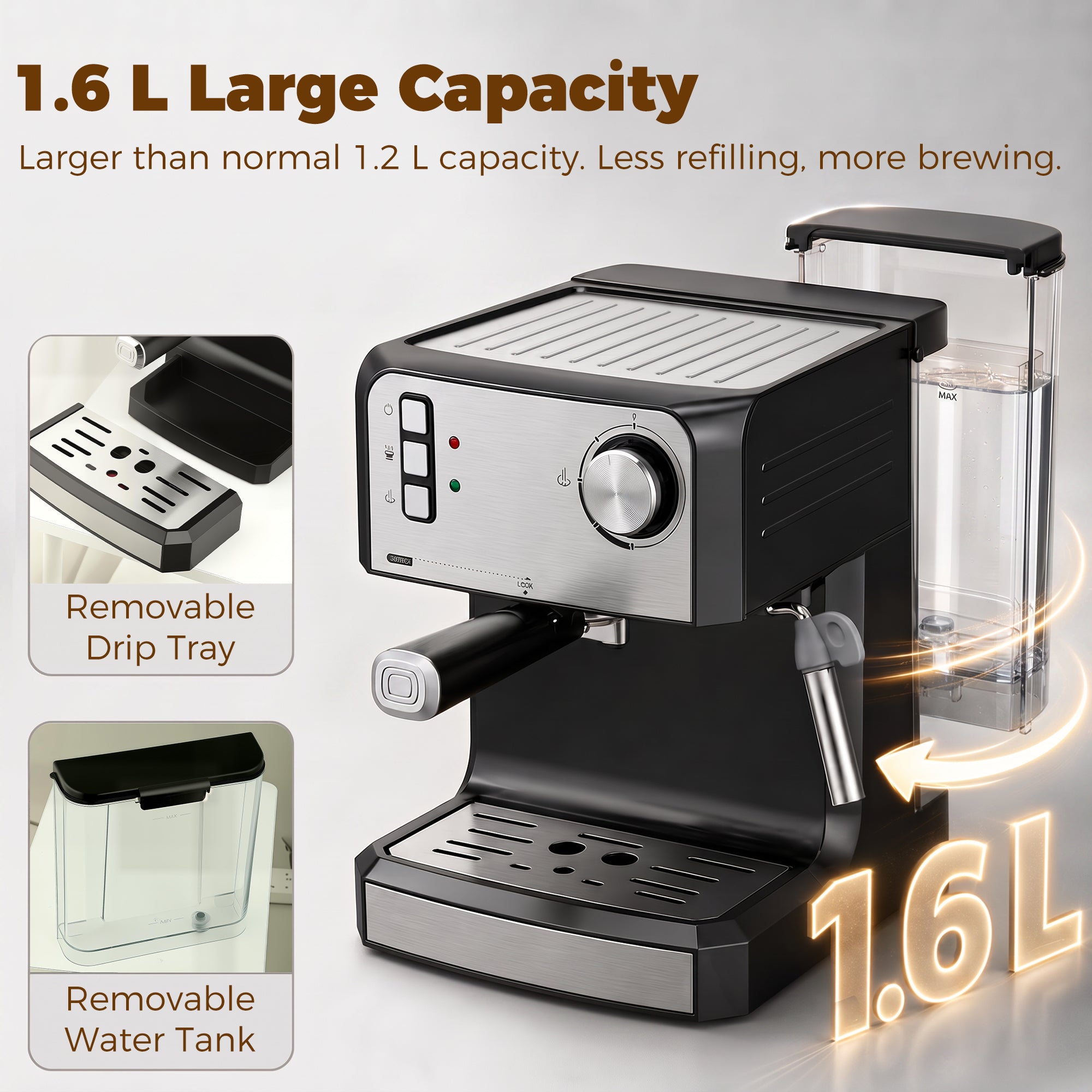 Espresso Machine with Milk Frother Wand, 1.6 L Water Tank, 850W Semi Automatic 20 Bar Coffee Machine, Latte and Cappuccino Maker with Double Shot, Hot Water, Cup Warming, Black and Silver