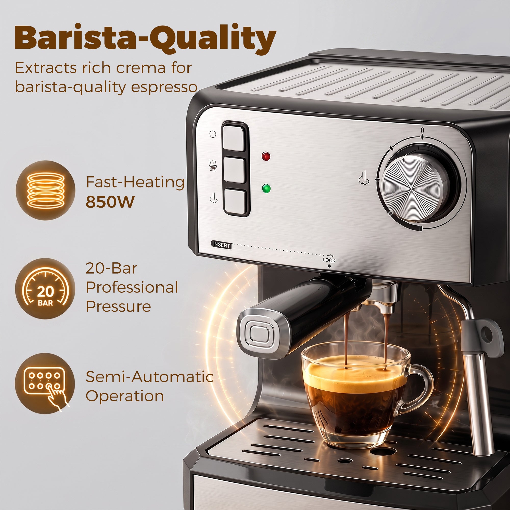 Espresso Machine with Milk Frother Wand, 1.6 L Water Tank, 850W Semi Automatic 20 Bar Coffee Machine, Latte and Cappuccino Maker with Double Shot, Hot Water, Cup Warming, Black and Silver