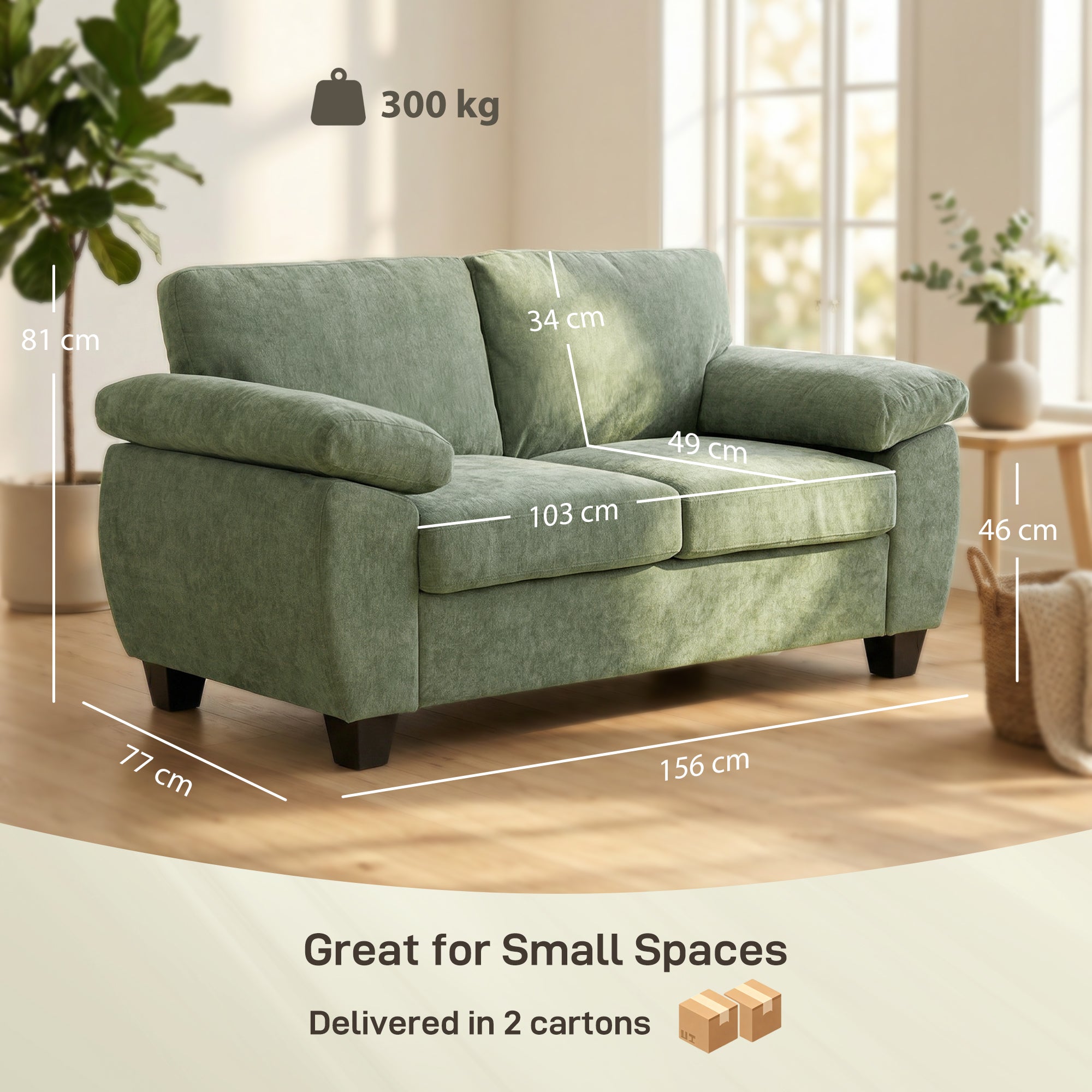 2 Seater Sofa, 156cm Chenille Loveseat Sofa with Thick Spring Cushions, Wide Padded Armrests, Couch Settee for Small Space, Living Room, Bedroom, Home Office, 300KG Capacity, Dark Green