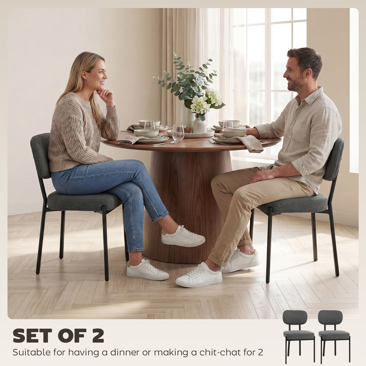 Modern Dining Chairs Set of 2, Upholstered Linen Fabric Kitchen Chairs with Metal Legs and Wide Padded Seat for Kitchen, Living Room, Grey