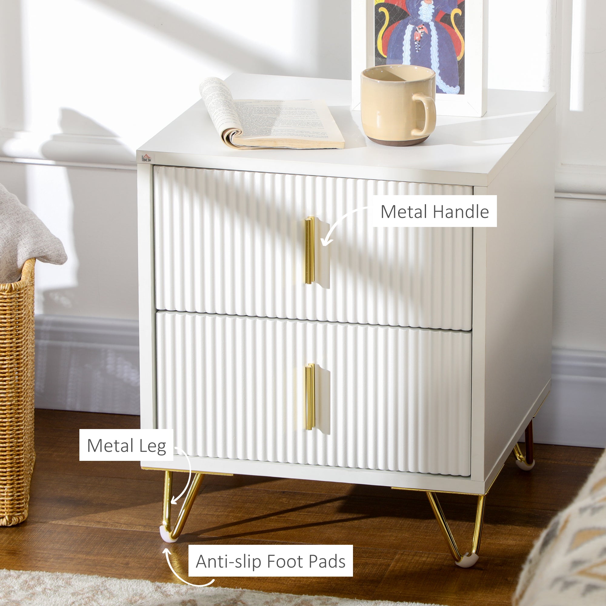 HOMCOM Nightstand, Bedside Table with 2 Drawers, Side End Table with Metal Legs for Bedroom, White