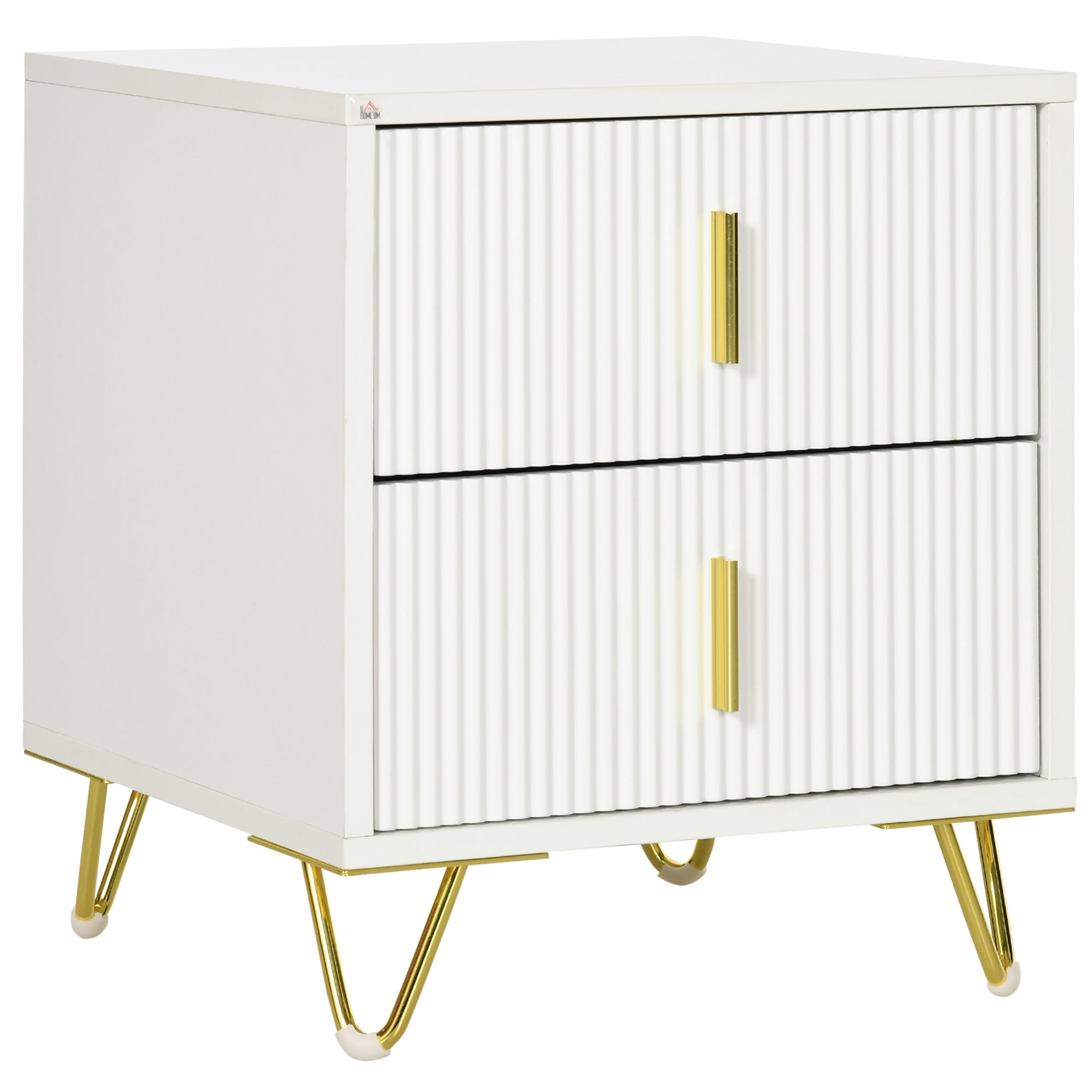 HOMCOM Modern 2 Drawer Dresser, Fluted Bedroom Dresser Chest of Drawers with Metal Legs and Steel Handles for Bedroom, White