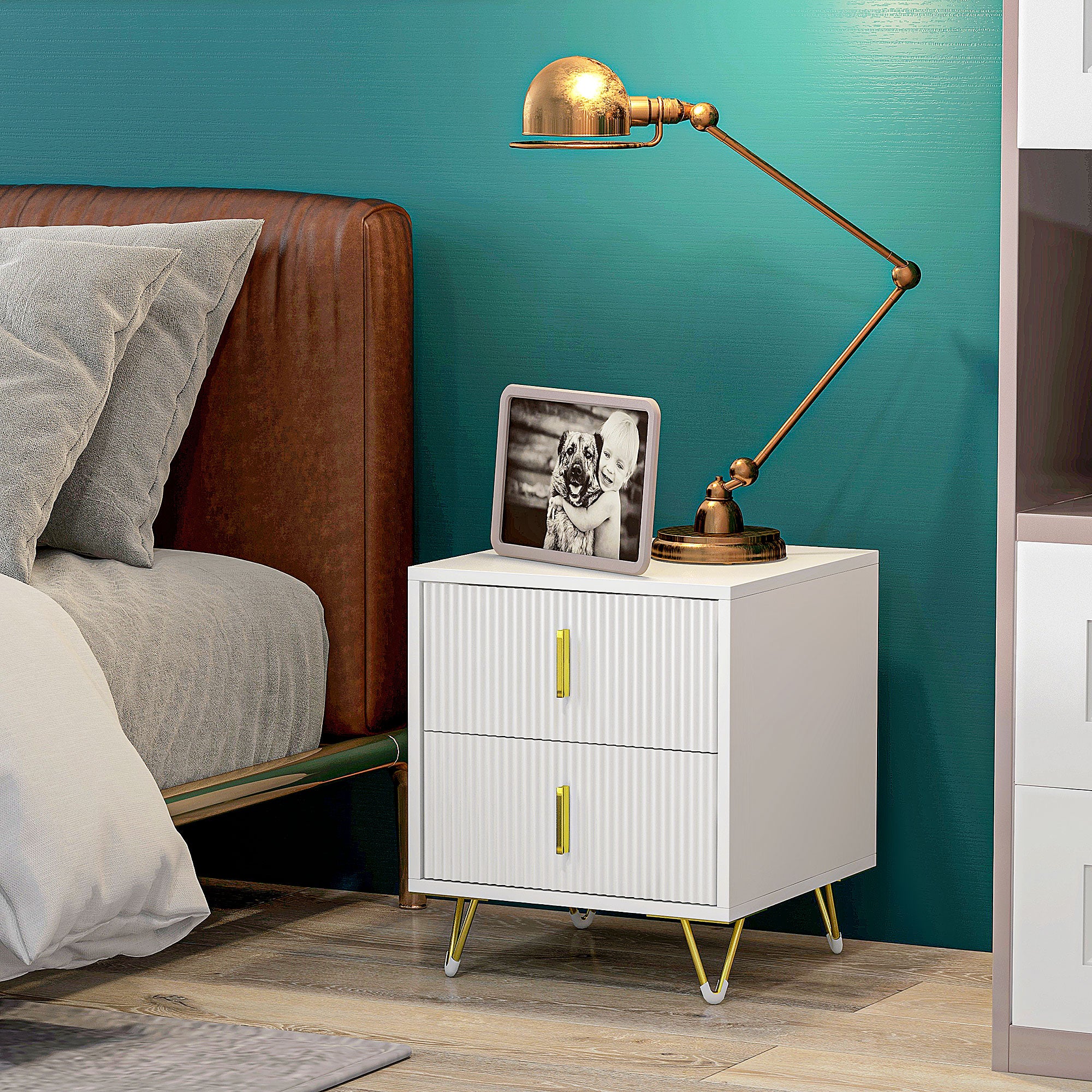 HOMCOM Nightstand, Bedside Table with 2 Drawers, Side End Table with Metal Legs for Bedroom, White