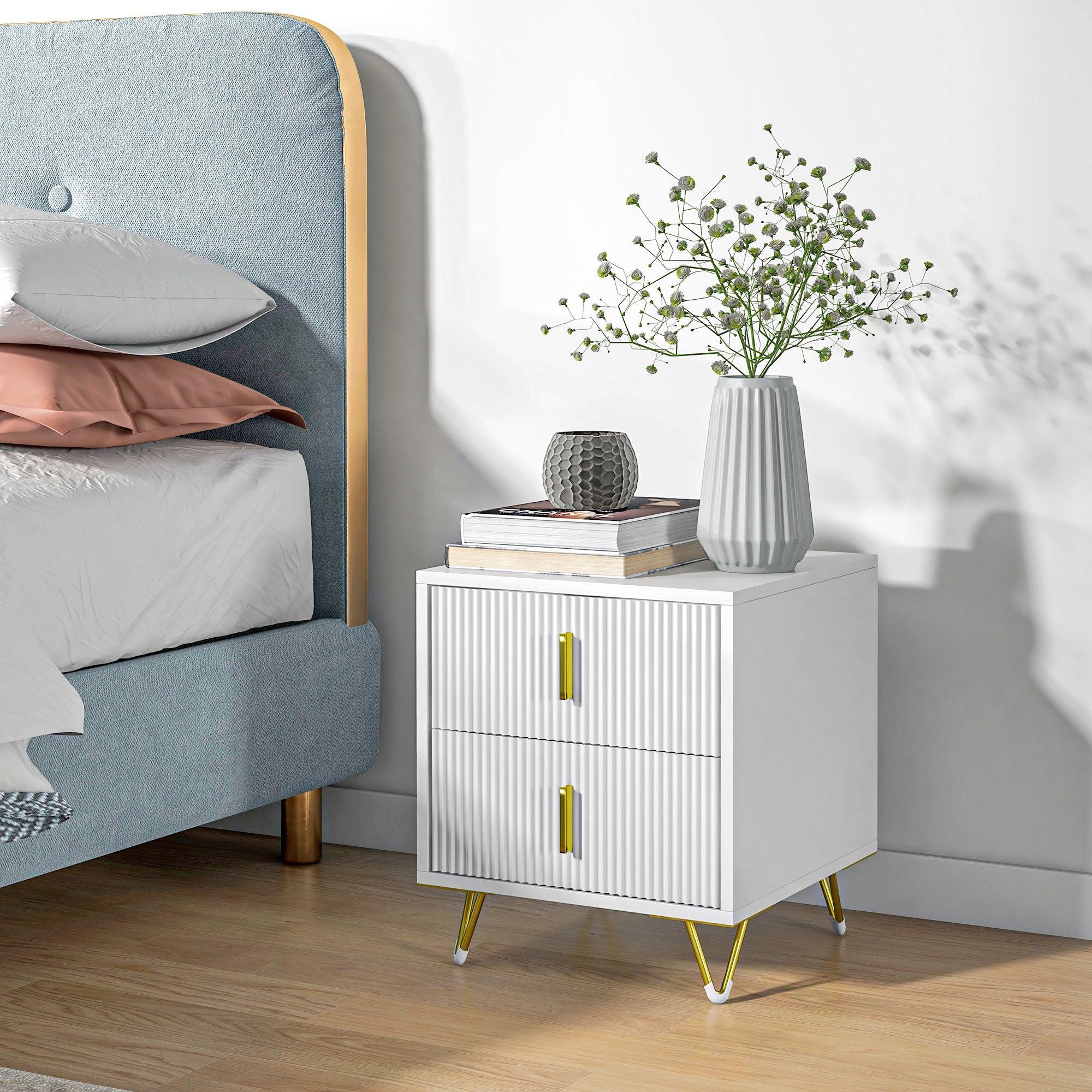 HOMCOM Nightstand, Bedside Table with 2 Drawers, Side End Table with Metal Legs for Bedroom, White