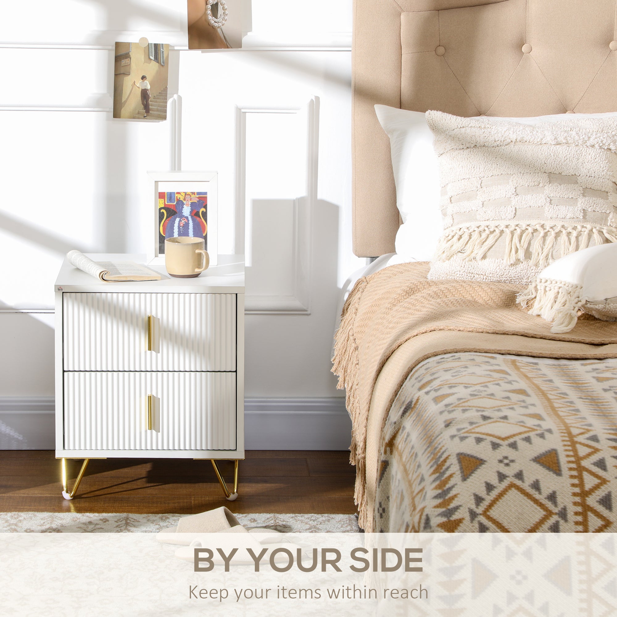 HOMCOM Nightstand, Bedside Table with 2 Drawers, Side End Table with Metal Legs for Bedroom, White