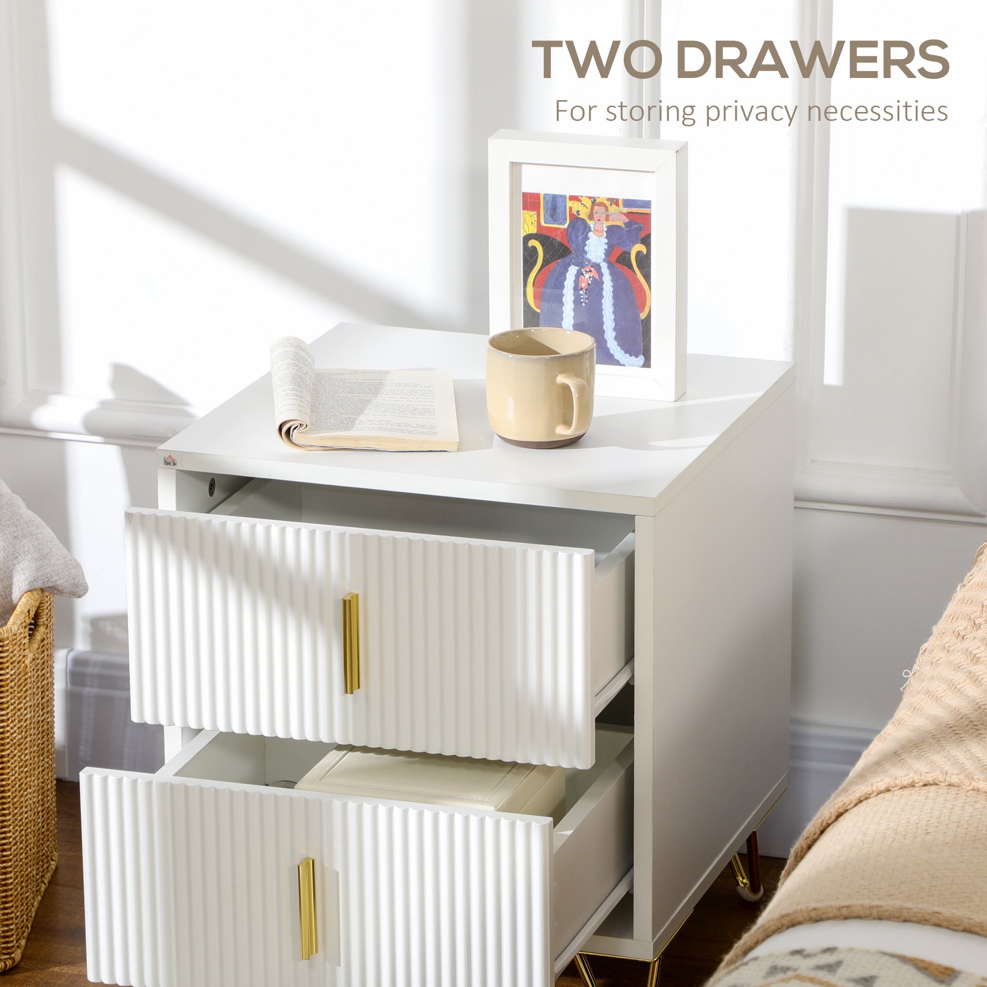 HOMCOM Nightstand, Bedside Table with 2 Drawers, Side End Table with Metal Legs for Bedroom, White