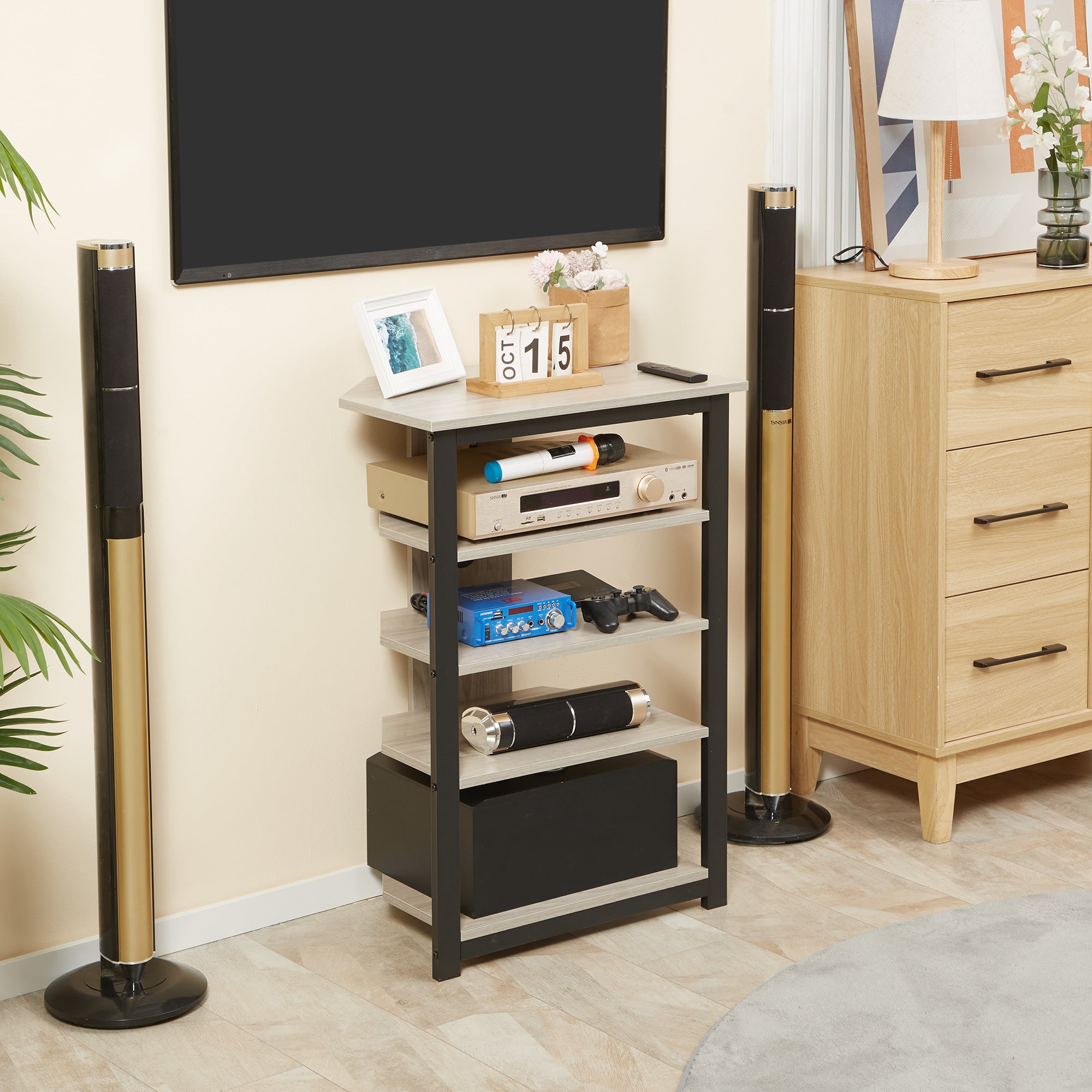 TV Stand with LED 4-Tier Audio Rack, Media Corner Shelf with Cable Management, Gray