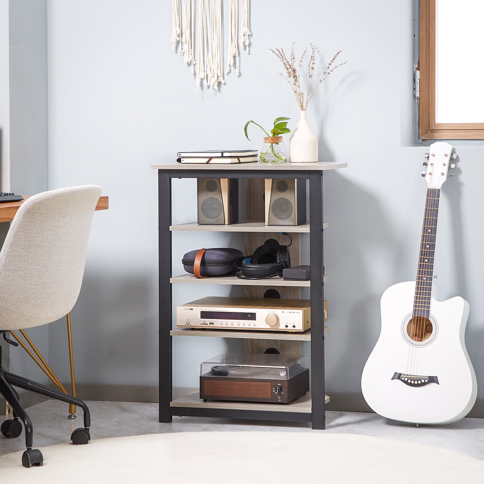 TV Stand with LED 4-Tier Audio Rack, Media Corner Shelf with Cable Management, Gray